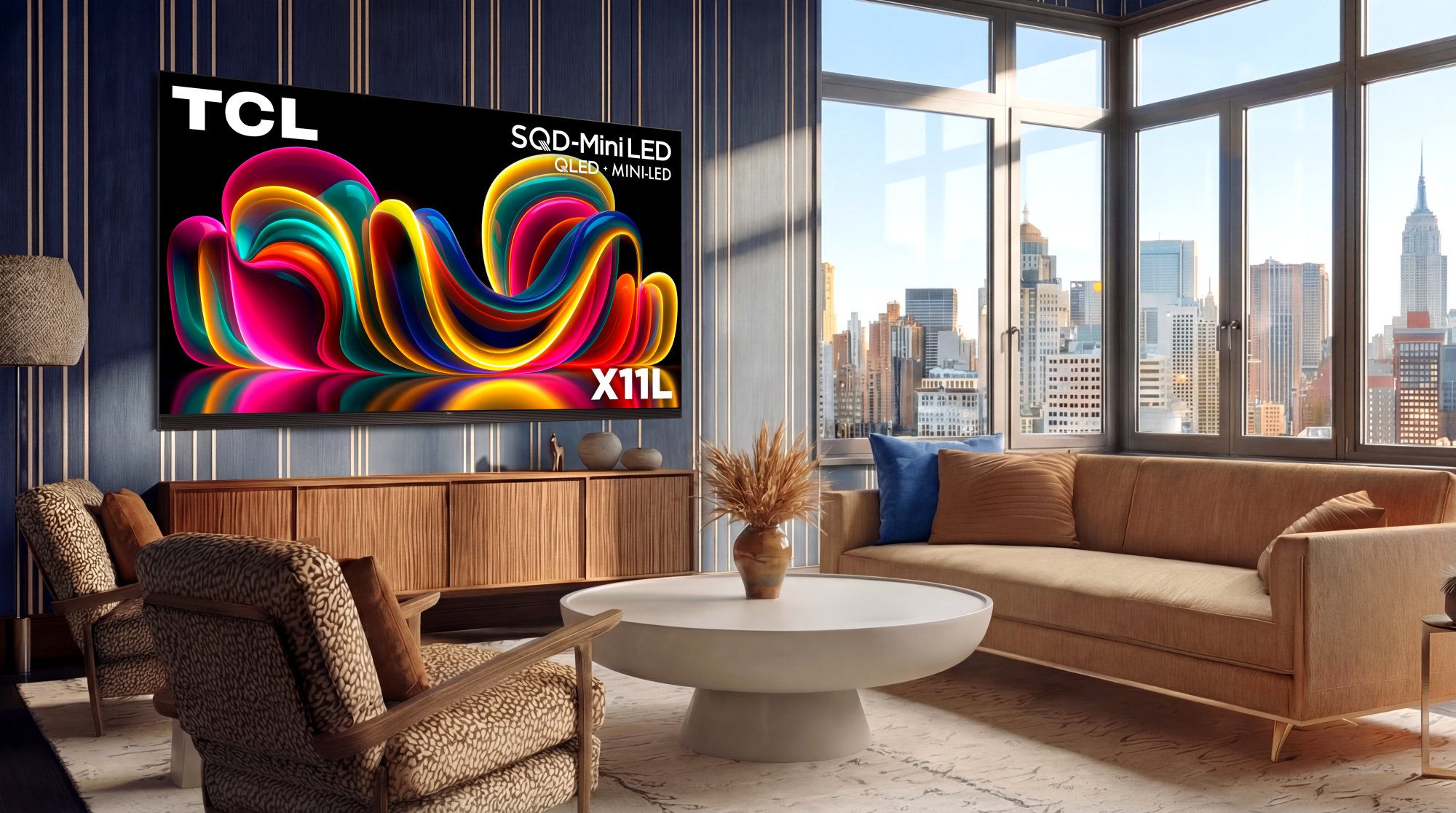 TCL X11L SQD-Mini LED TV in modern high-rise apartment