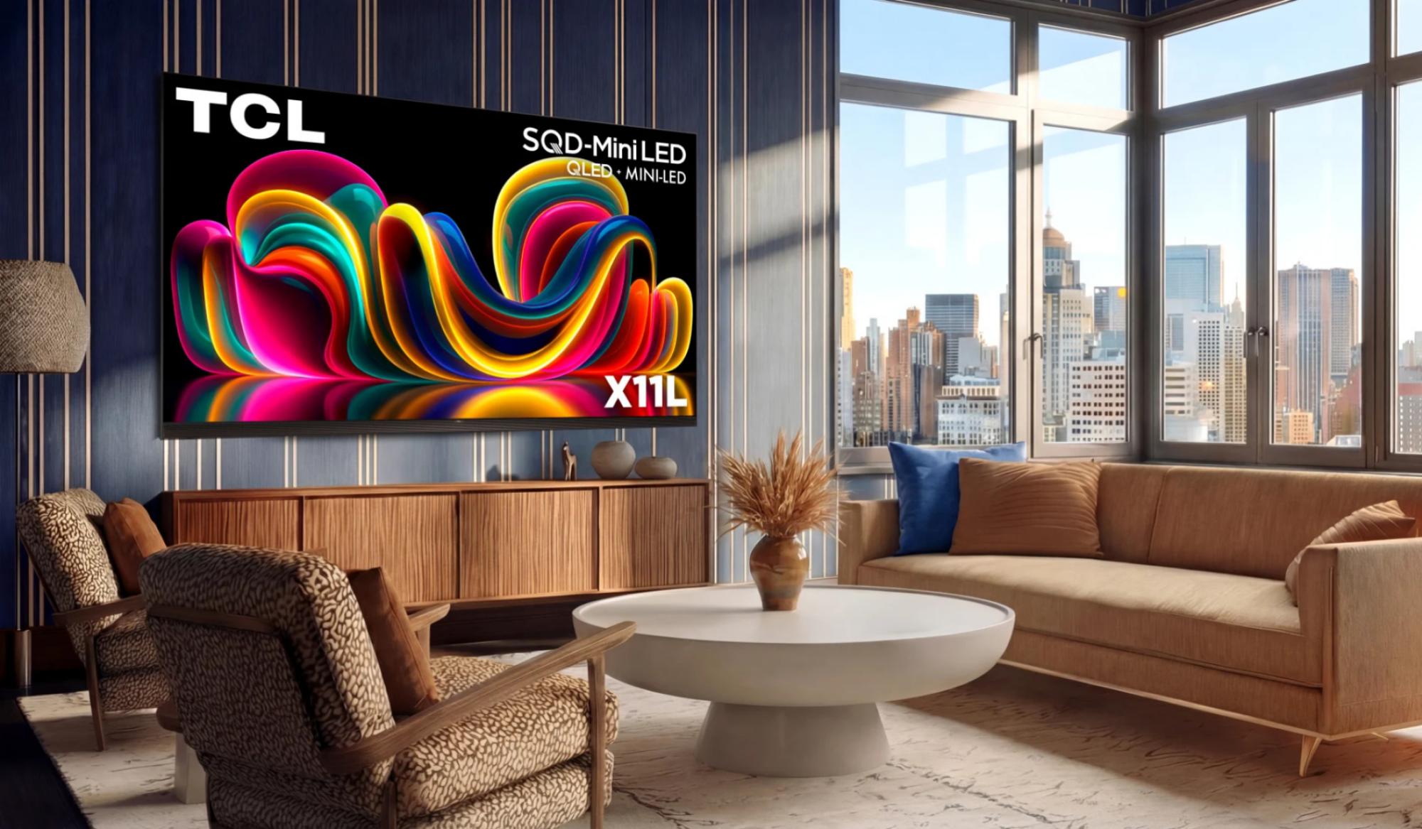 TCL X11L TV hanging on wall in living area with cityscape visible through window