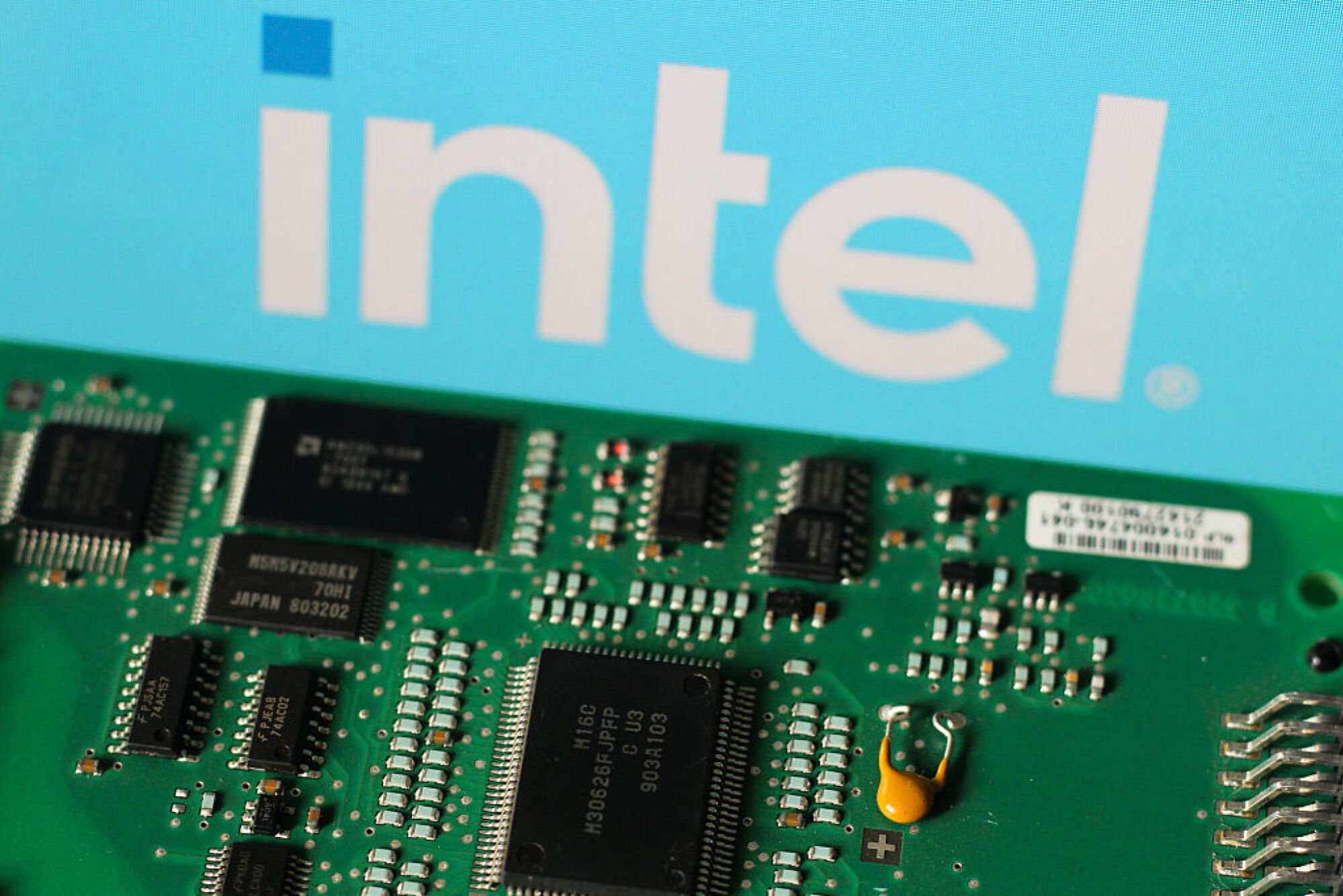 Intel logo over a computer chip