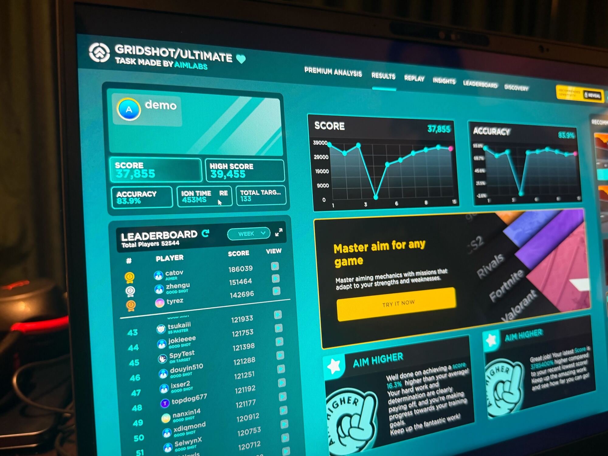 computer screen of results after playing AimLab.