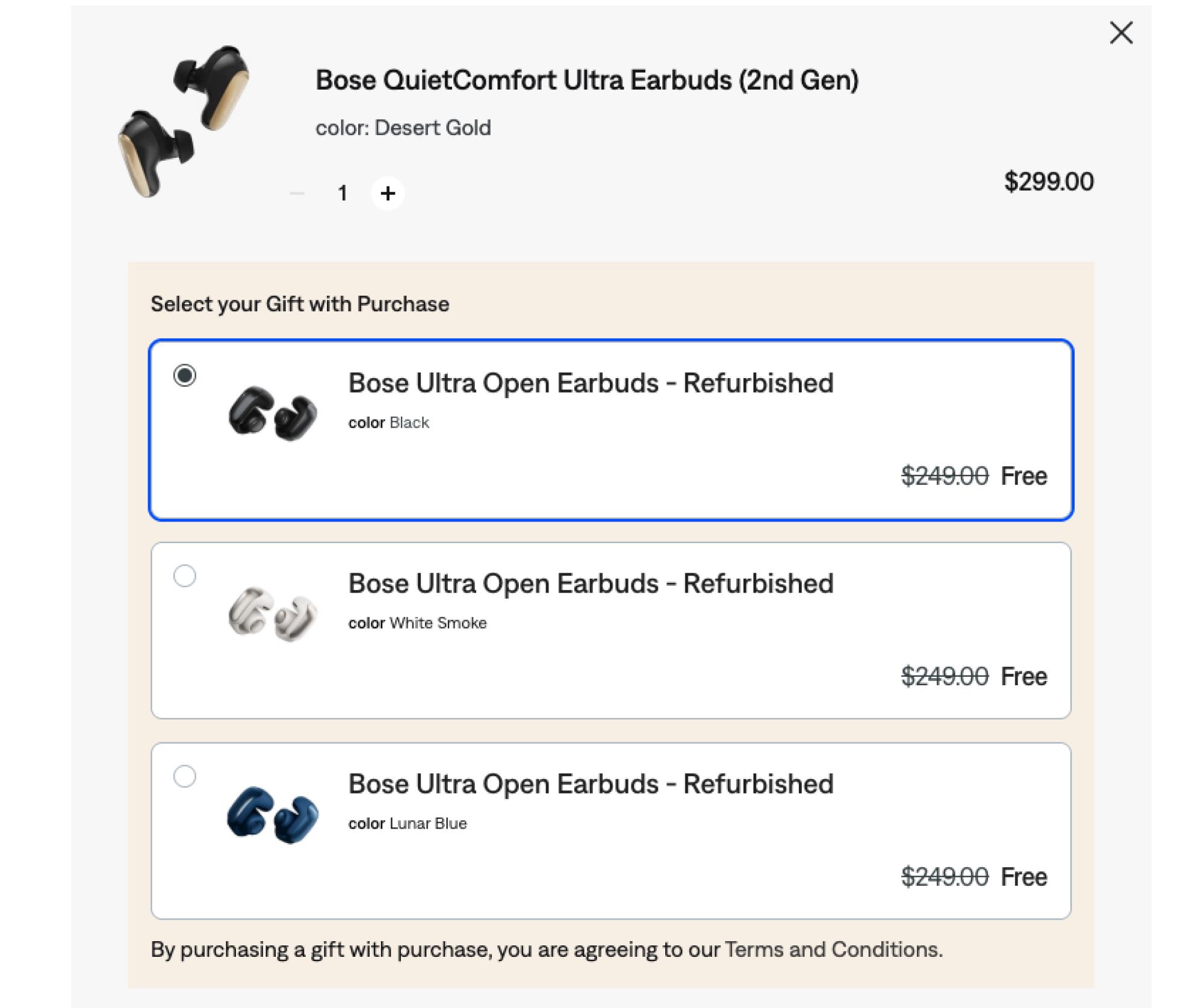 screenshot from shopping cart at Bose.com with free gift selection