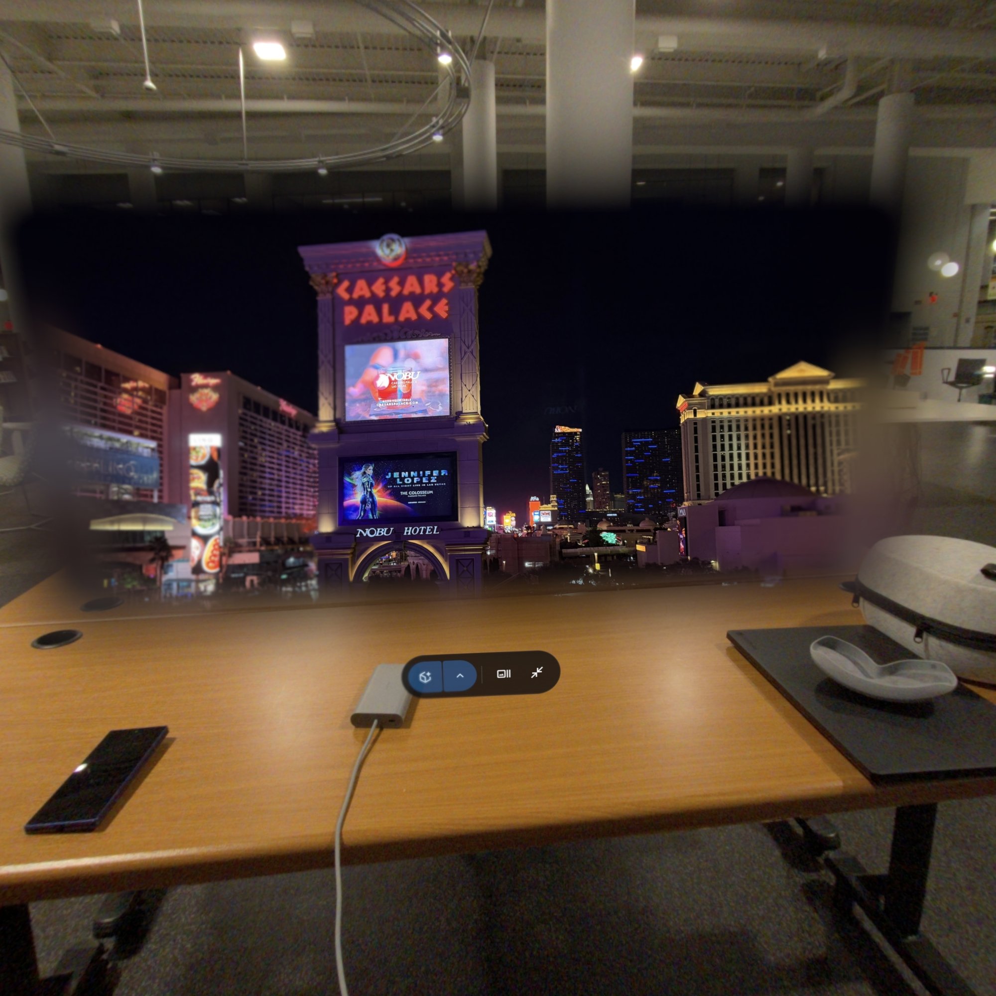 A screenshot of the Galaxy XR interface displaying a spatialized photograph of the Las Vegas strip