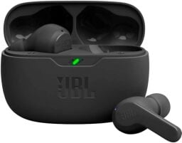jbl vibe beam earbuds in a case against a white background