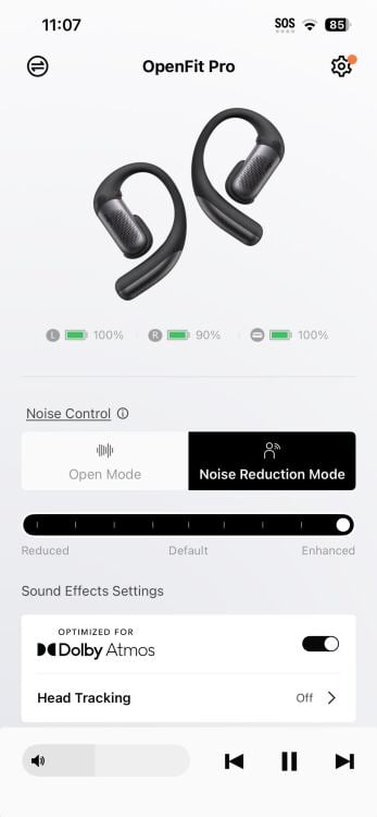 shokz app homepage for openfit pro with adjustable noise reduction