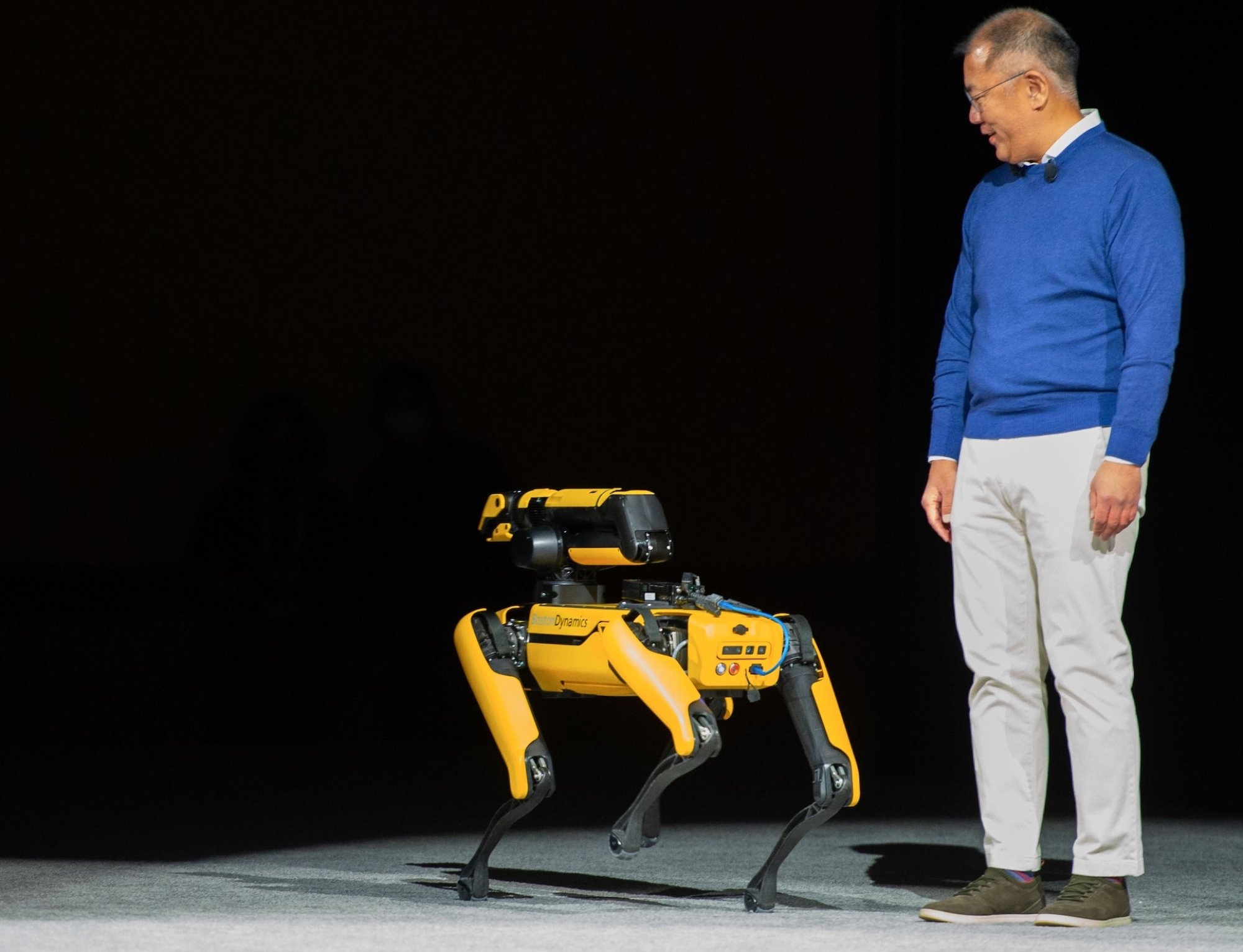 A four-legged robot on stage with a man in a sweater