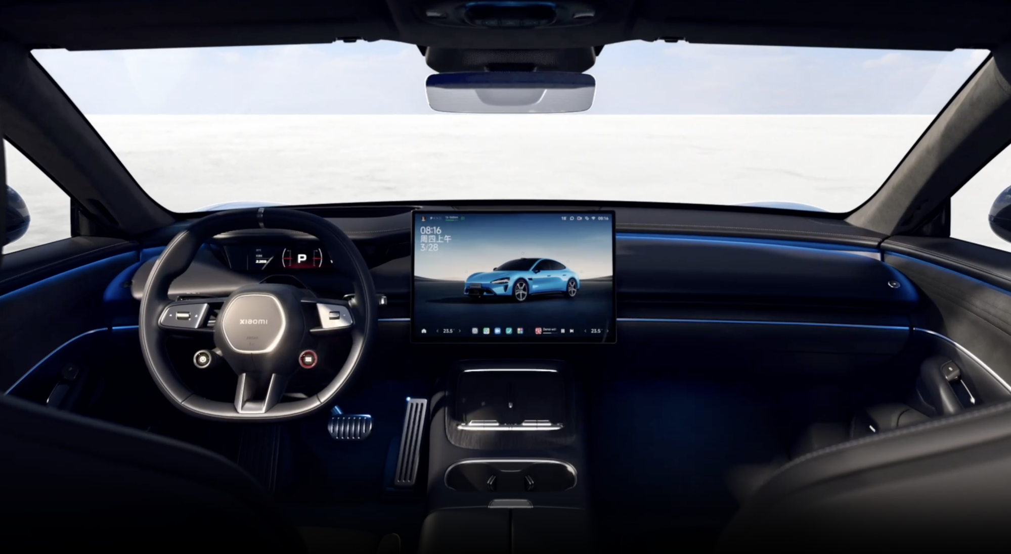 Inside the Xiaomi SU7, looking at the dashboard.