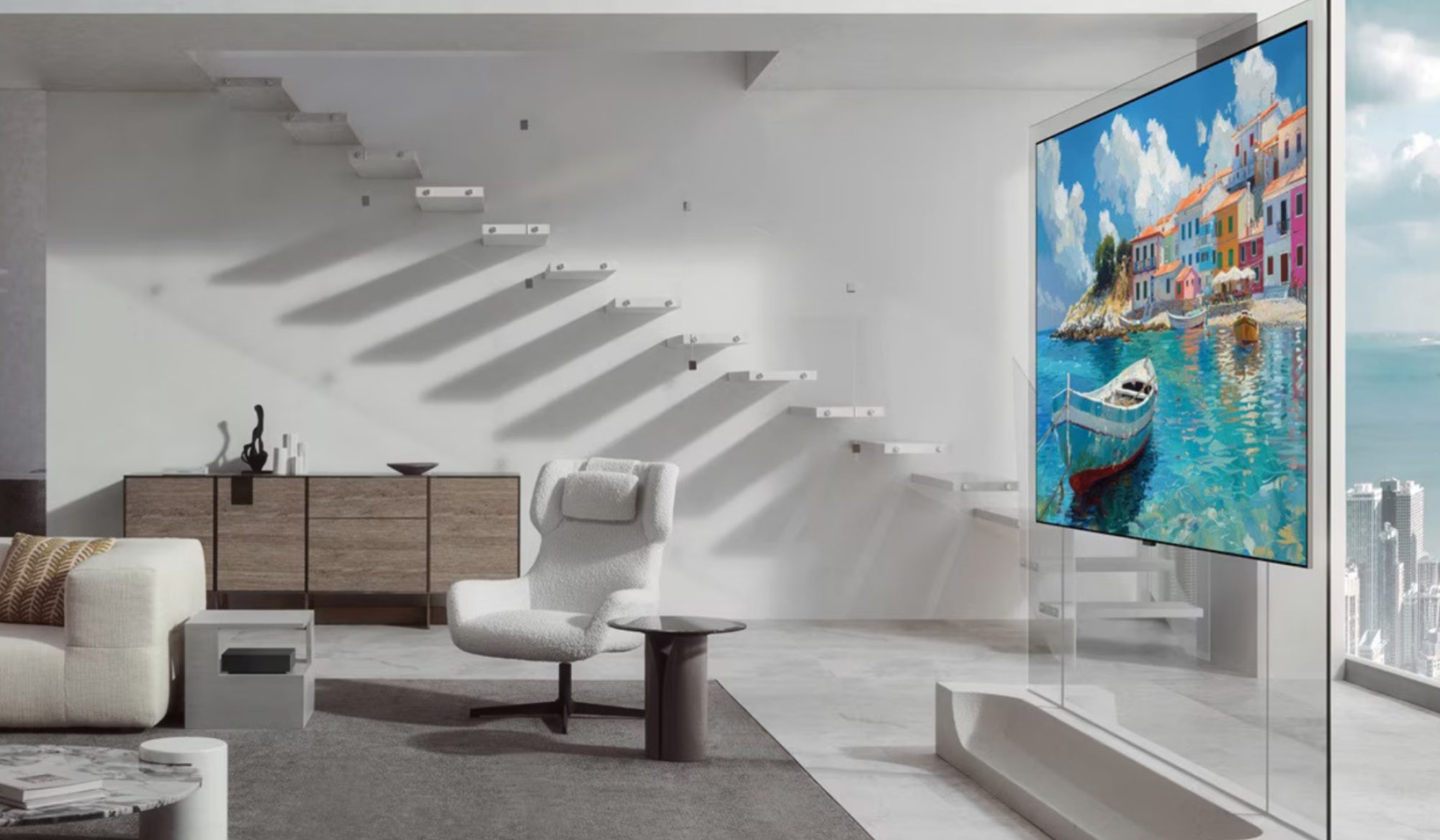 LG Wallpaper TV in transparent TV stand with large window and cityscape in background
