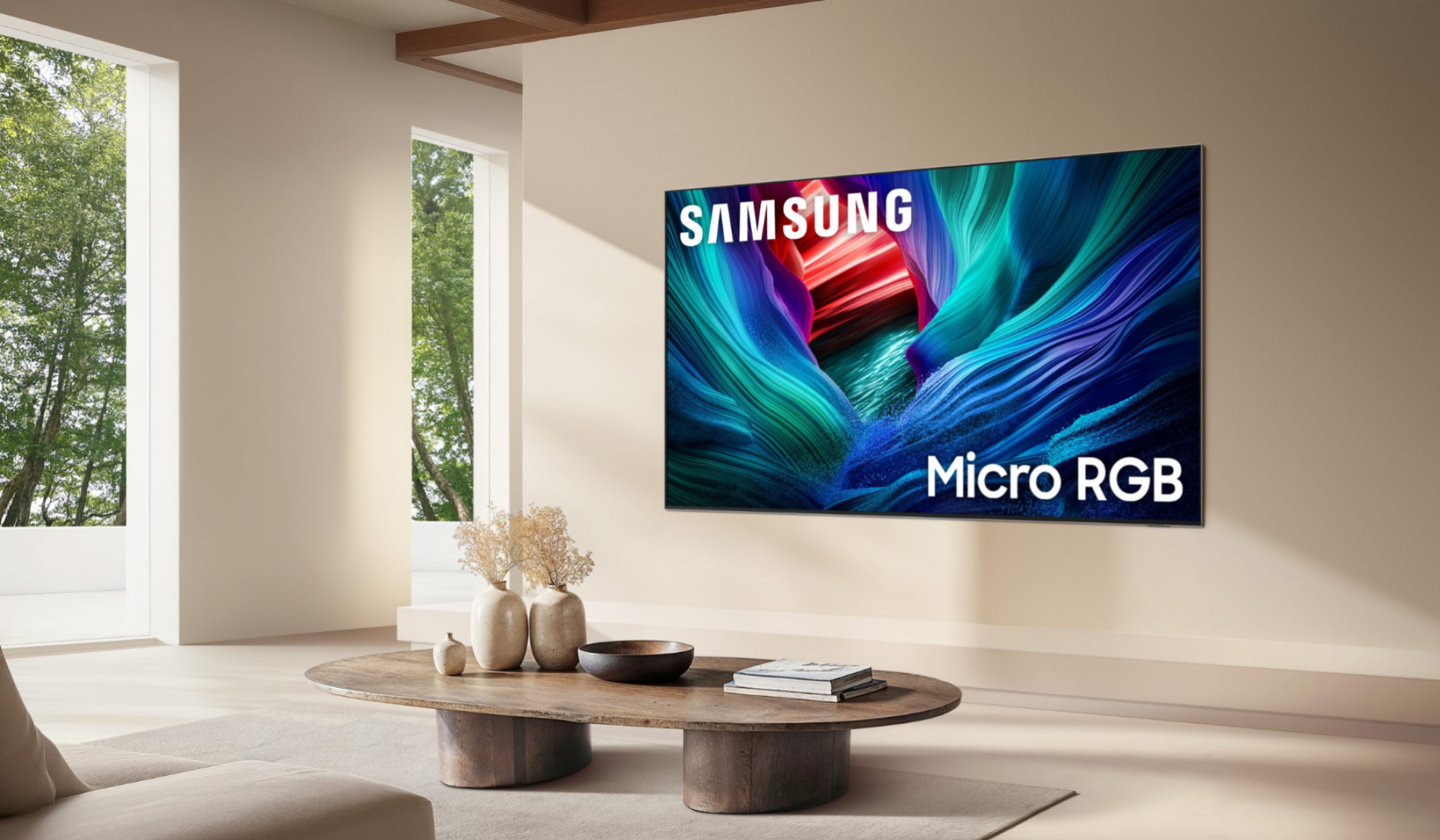 Samsung Micro RGB TV hanging on wall in living area