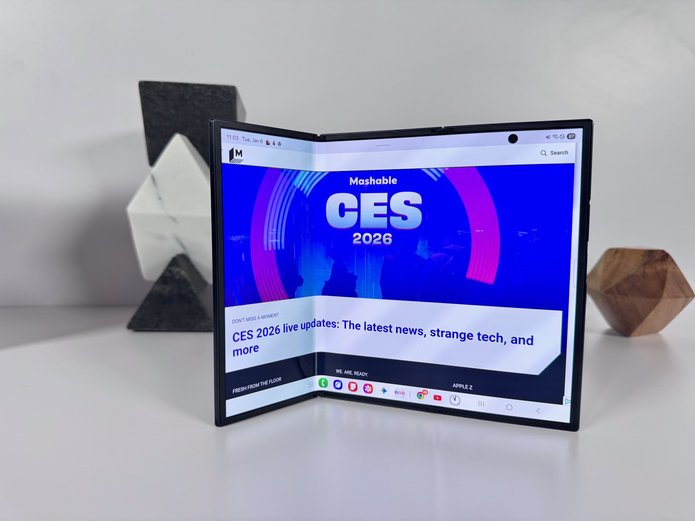 samsung galaxy z trifold propped open on table