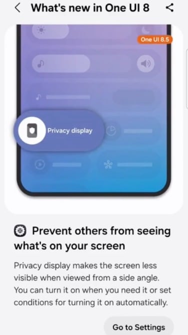 screenshot showing privacy display setting in samsung one ui 8.5