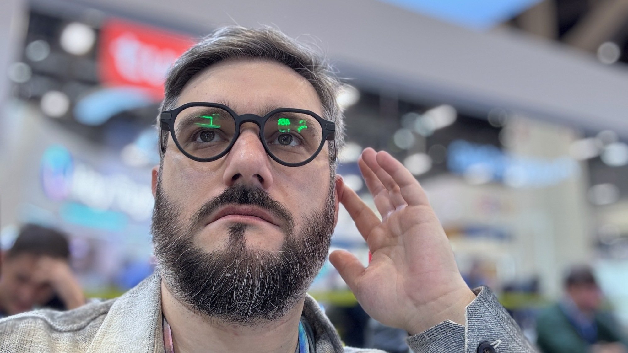 Mashable Tech Editor Timothy Werth testing the new Even Realities G2 smart glasses at CES 2026.