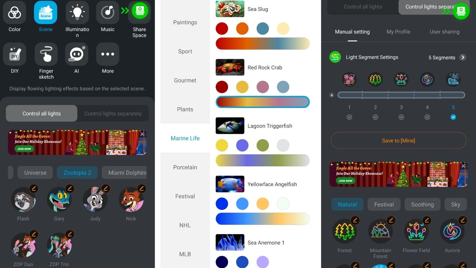three screenshots from the govee lighs app