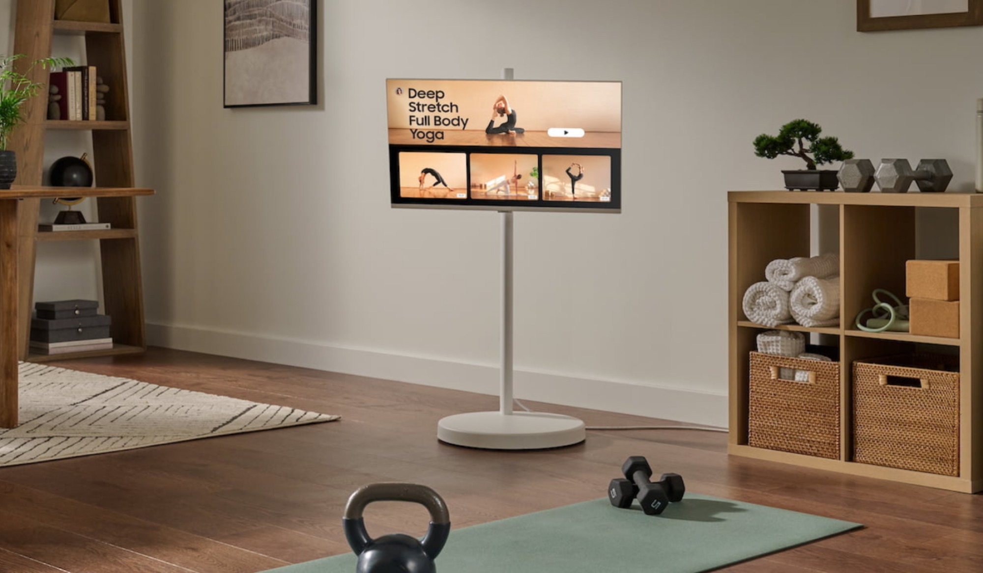 Samsung Movingstyle TV on stand in at-home yoga setup