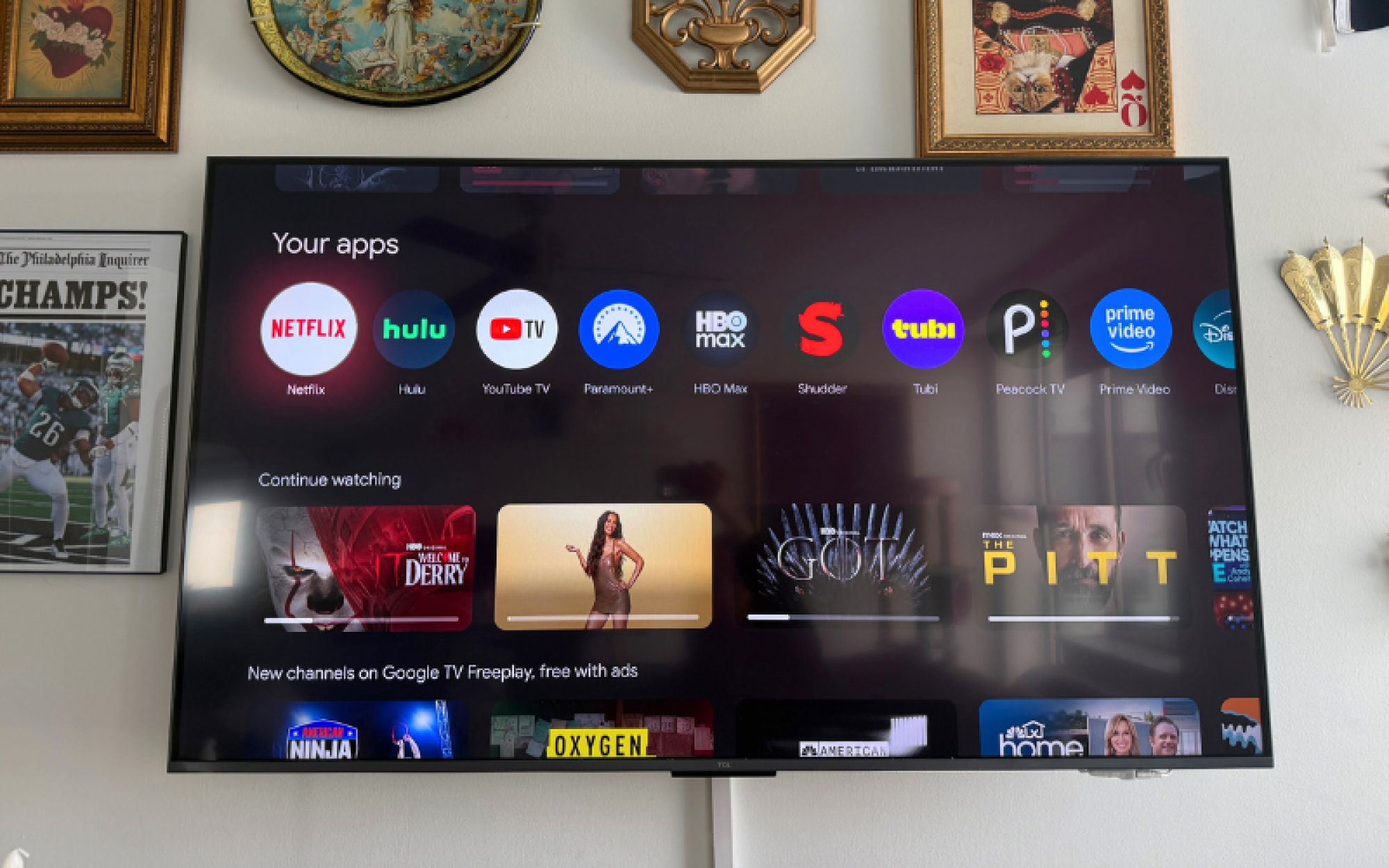 Streaming apps on wall-mounted TCL QM6K TV