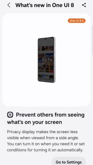 screenshot showing privacy display setting in samsung one ui 8.5