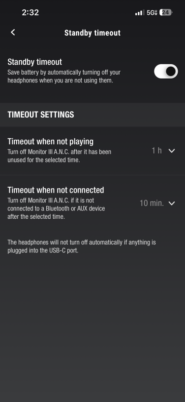standby settings page on marshall app