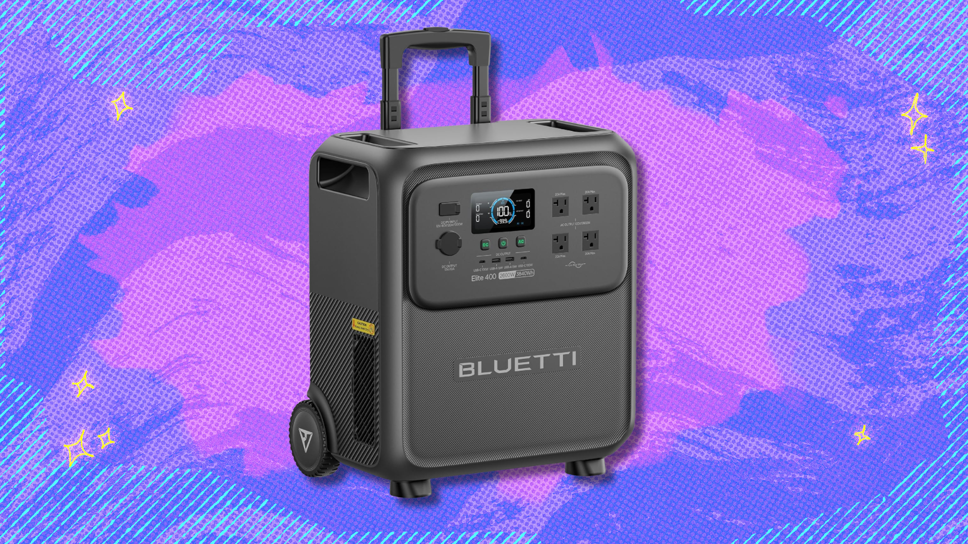 Bluetti Elite 400 Portable Power Station on pink and purple abstract background