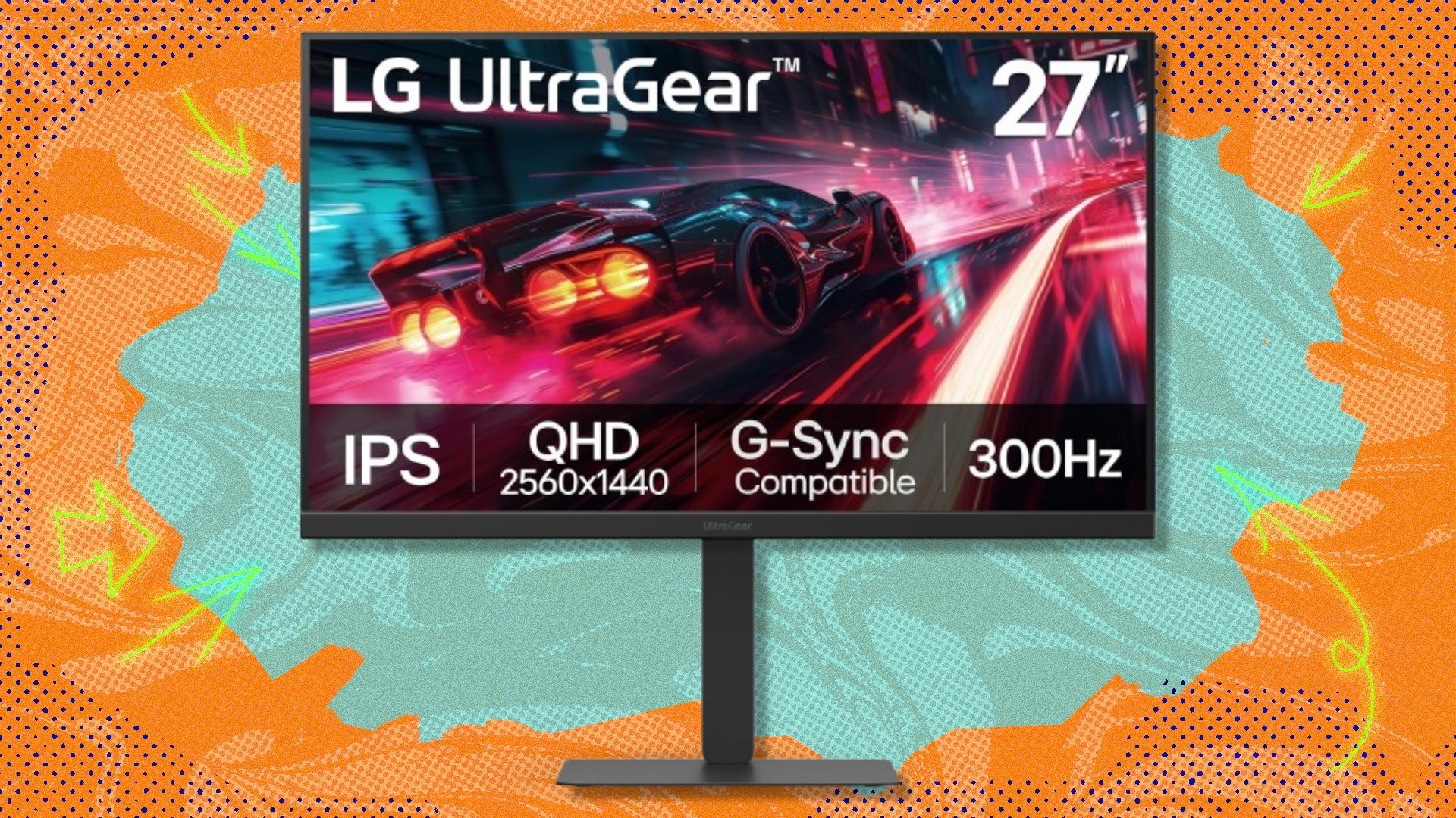 The 27-inch LG Ultragear QHD gaming monitor (27G640A-B) on a orange and green background