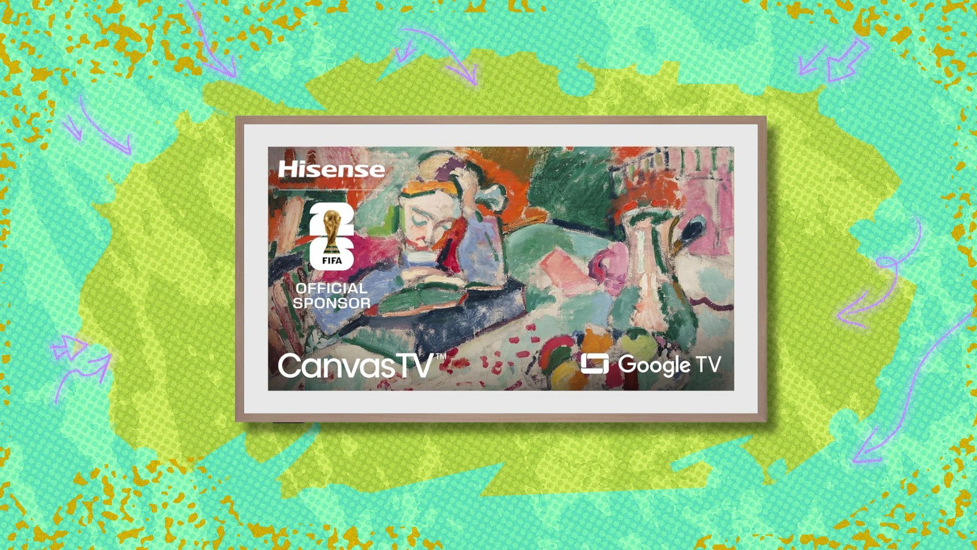 hisense 55-inch class qled 4k s7n canvastv against a green patterned background