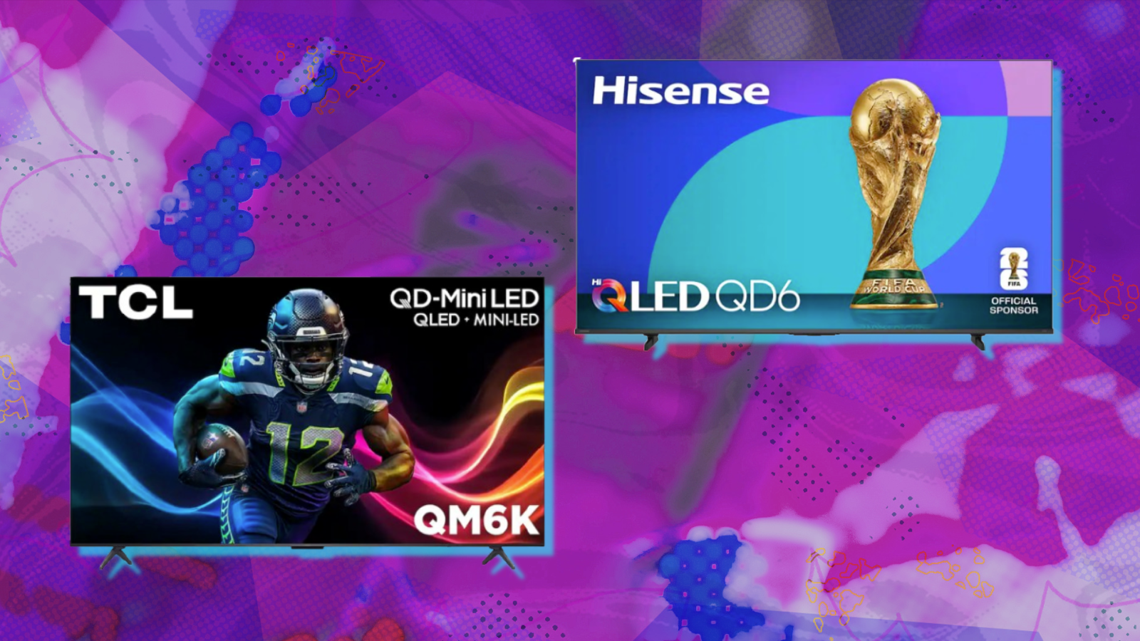 TCL and Hisense TVs with purple abstract background