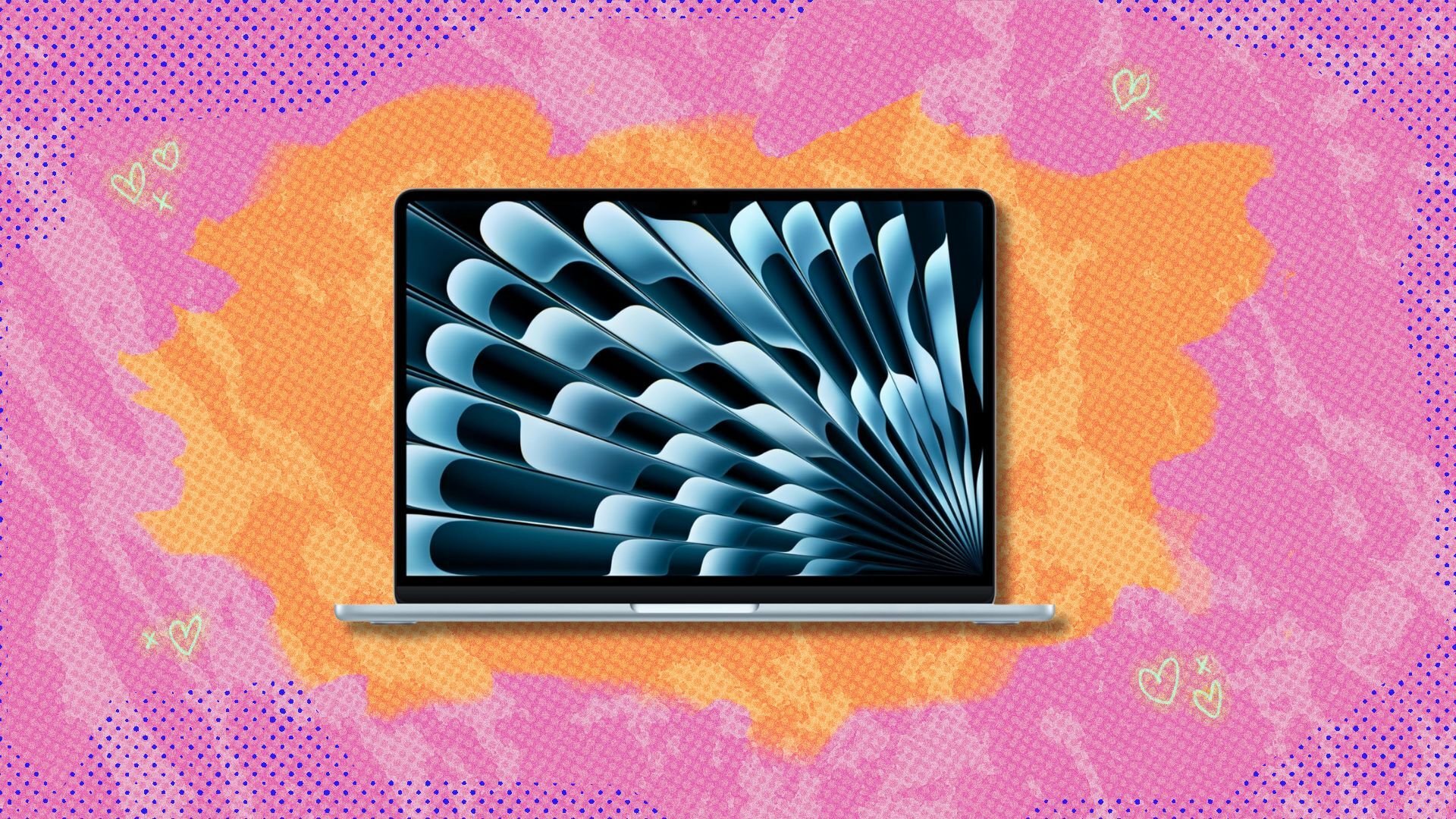 apple 2025 13-inch macbook air against a pink and orange patterned background