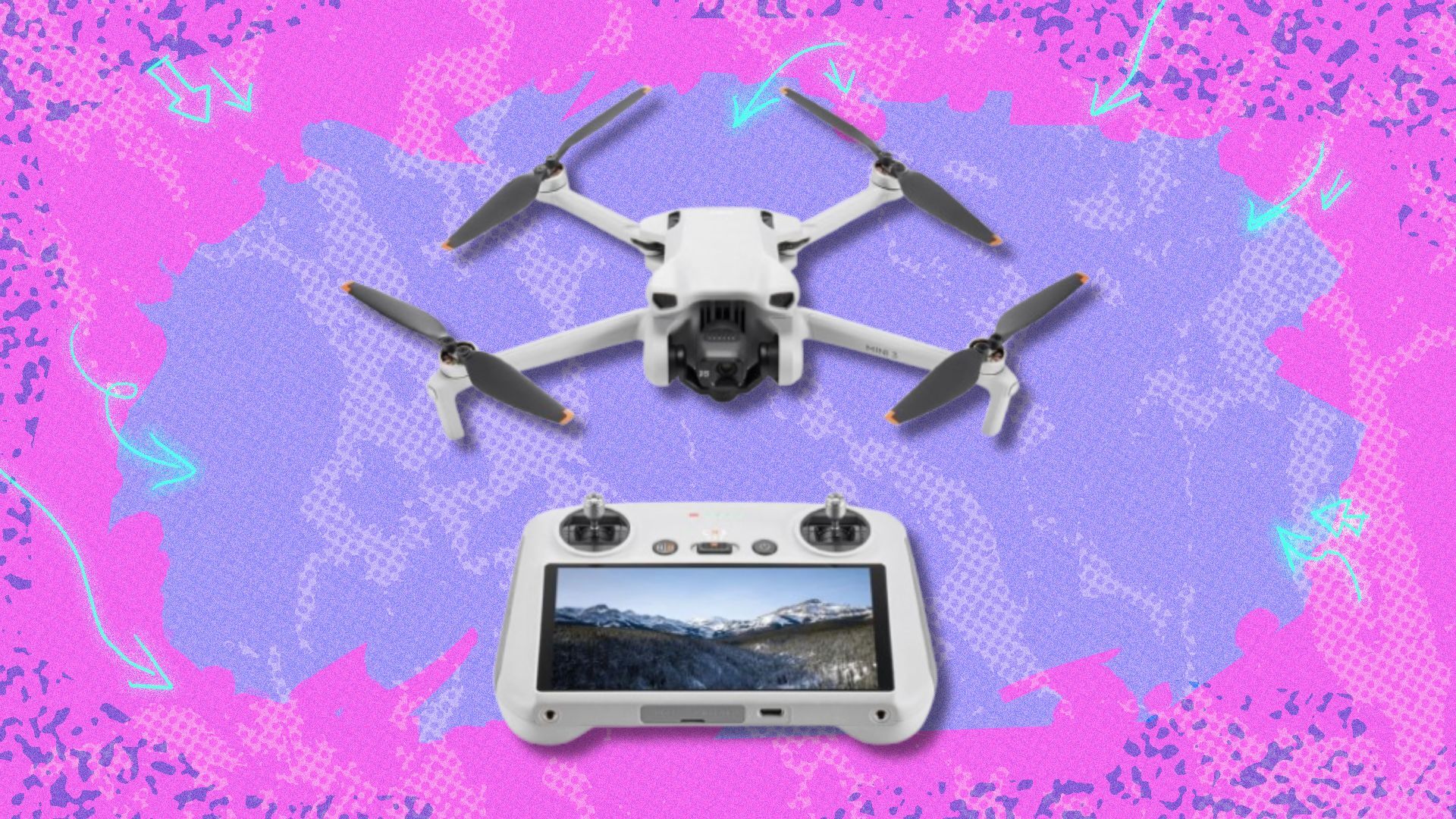the DJI Mini 3 drone with DJI RC on a pink and purple background