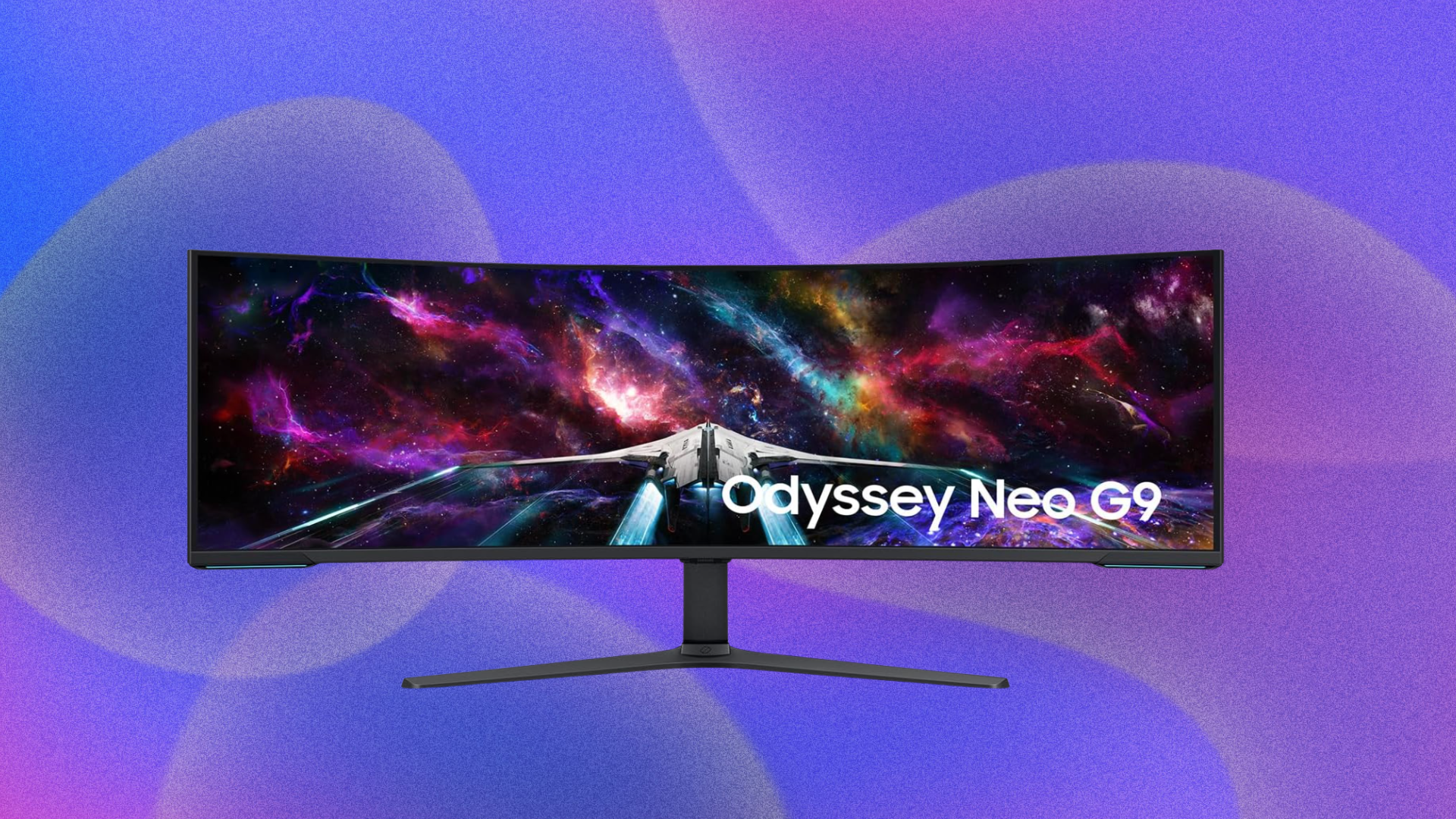 57” Samsung Odyssey Gaming Monitor deal on a purple backgorund
