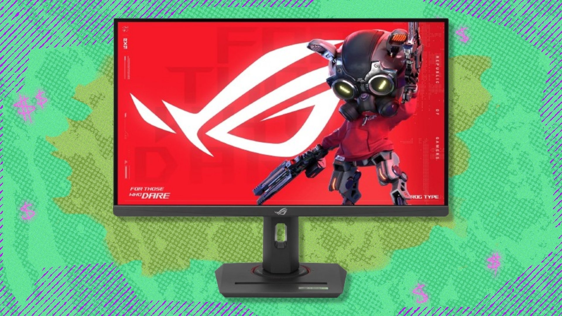 The 27-inch Asus ROG Strix (XG27UCG) gaming monitor on a green background