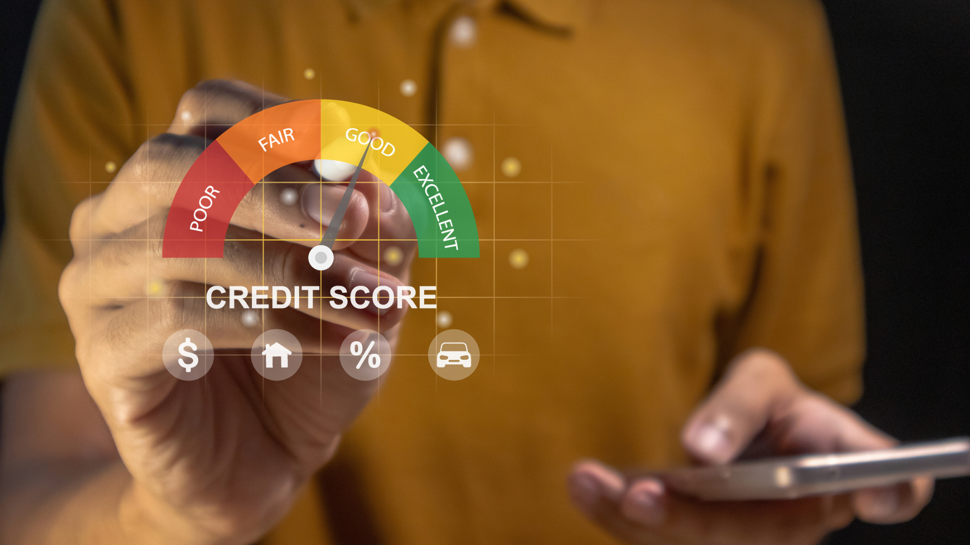 Man using a smartphone to check his credit score to apply for a loan to the bank. Online credit score ranking check concept. - stock photo