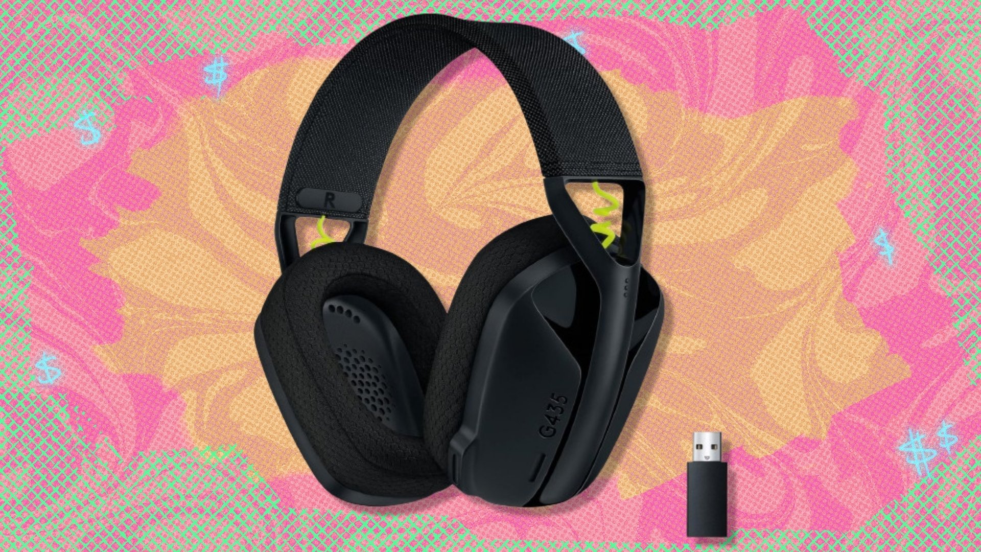 The Logitech G435 Lightspeed & Bluetooth Wireless Gaming Headset on a pink, orange, and green background