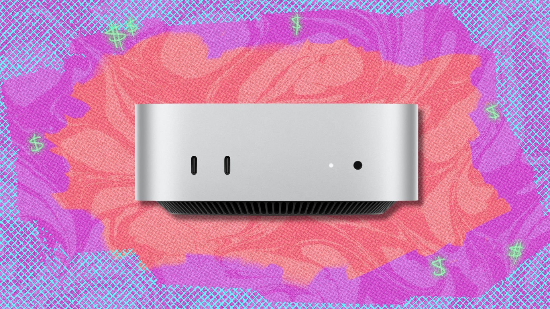 apple 2024 mac mini against a red, purple, and blue patterned background