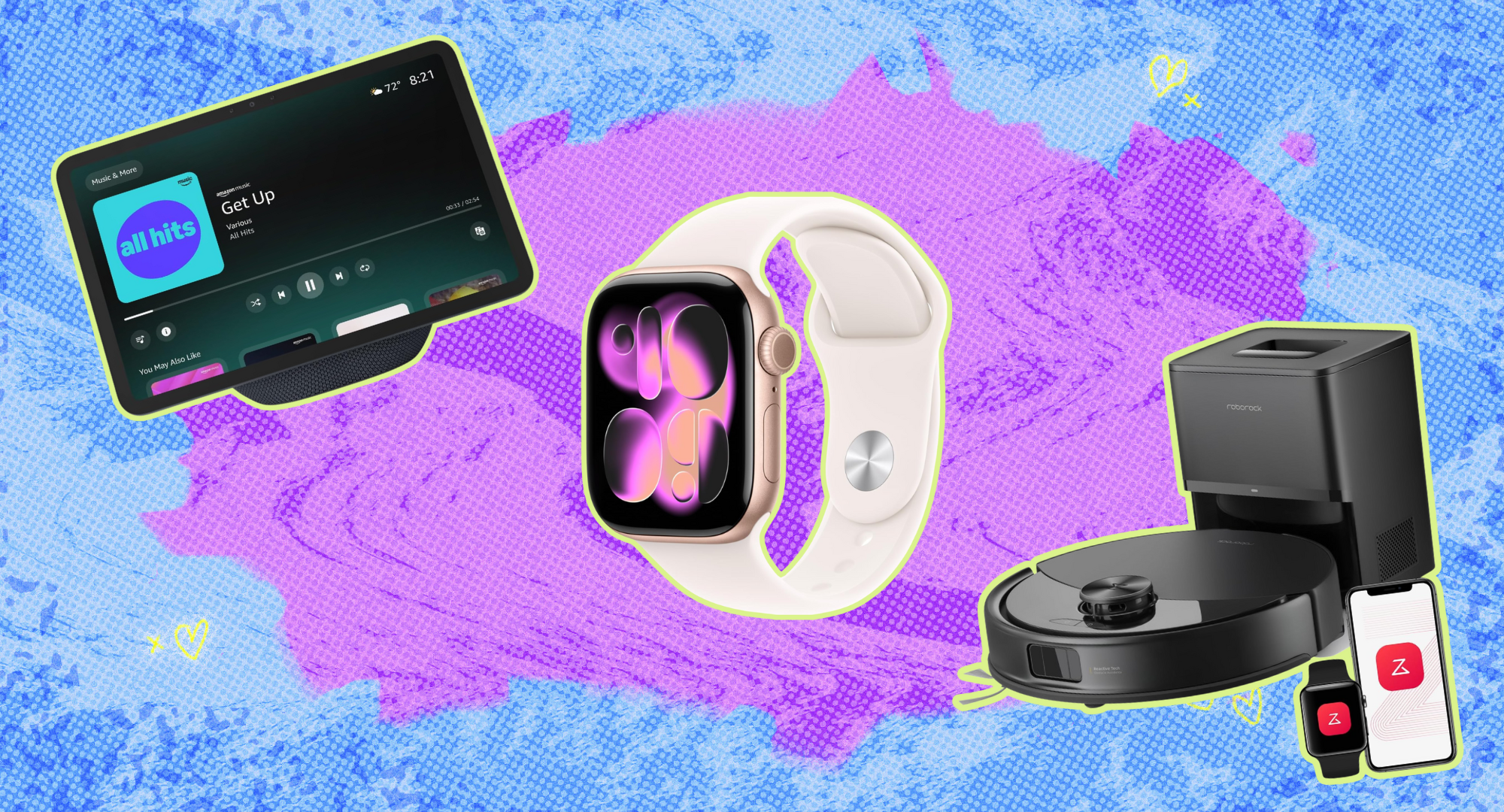 An echo show, apple watch, and robot vacuum against a colorful background. 