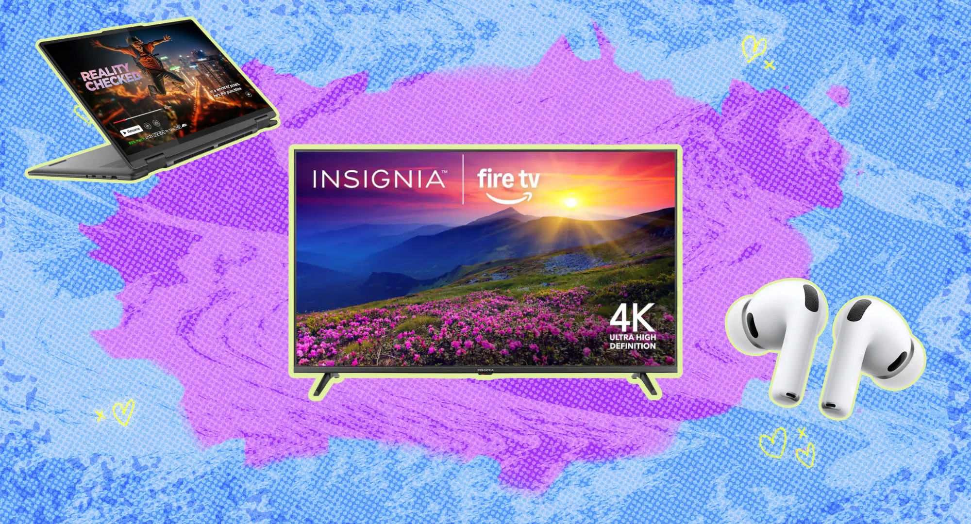 A laptop, TV, and AirPods against a colorful background. 