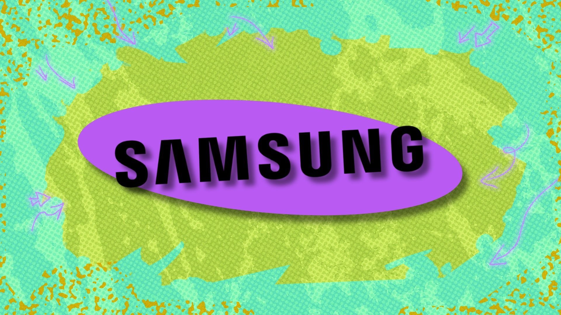the Samsung logo on a purple oval with a green background