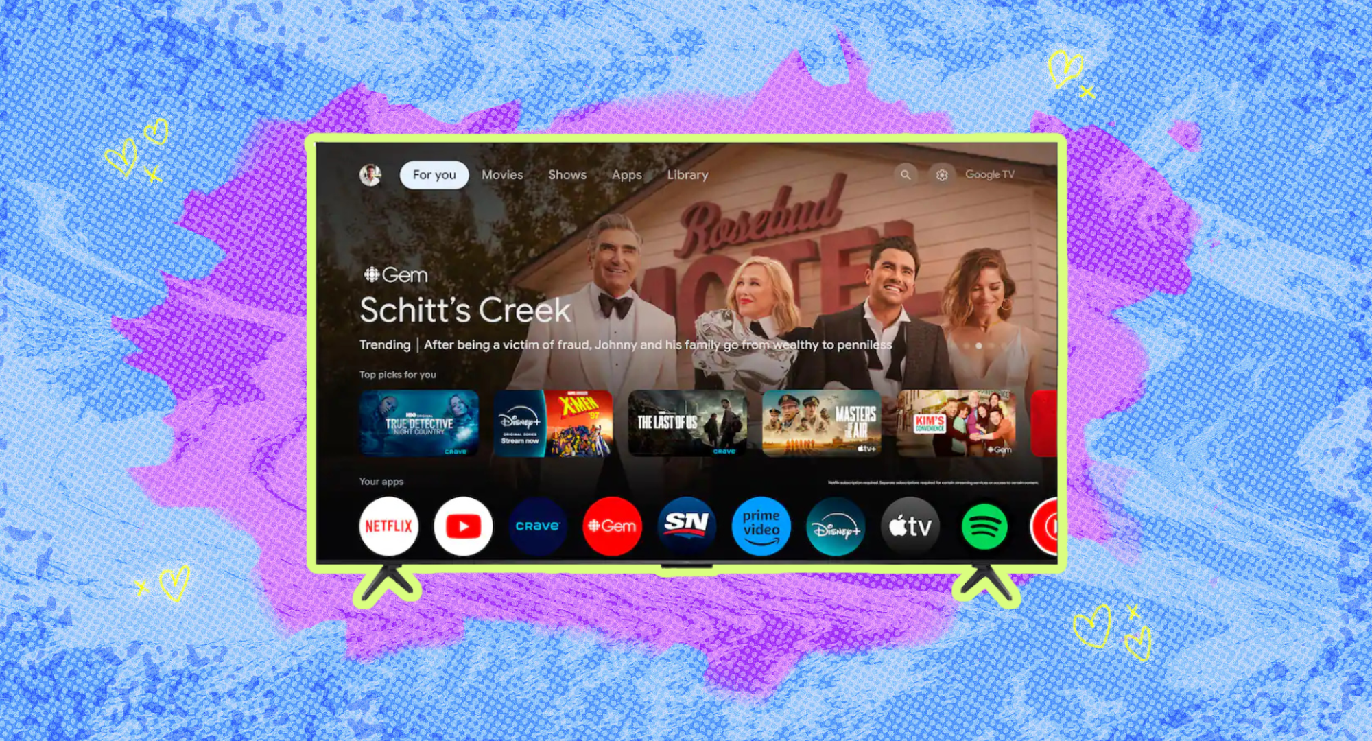 TCL 65-inch TV against a colorful background.
