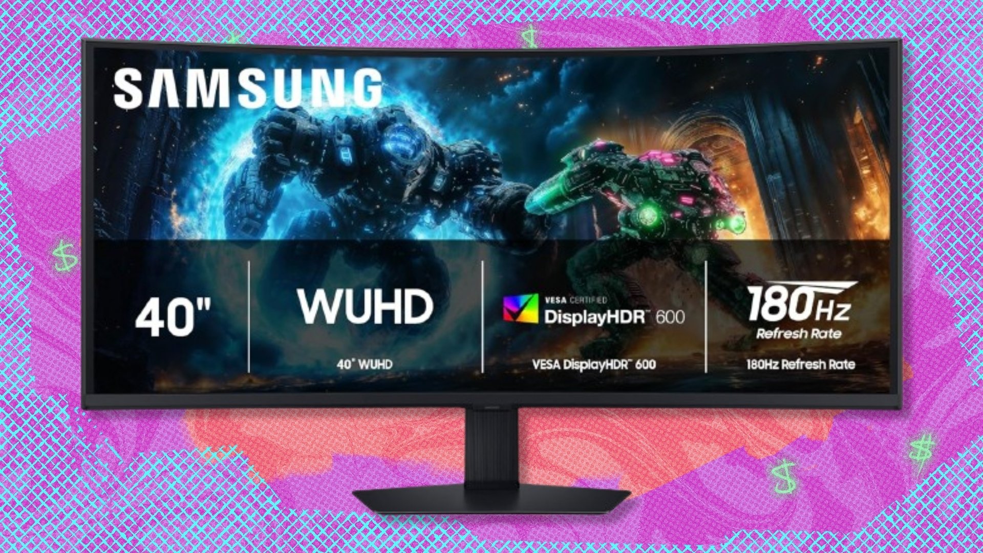The Samsung 40-inch Odyssey G7 curved gaming monitor on a blue, purple, and red background