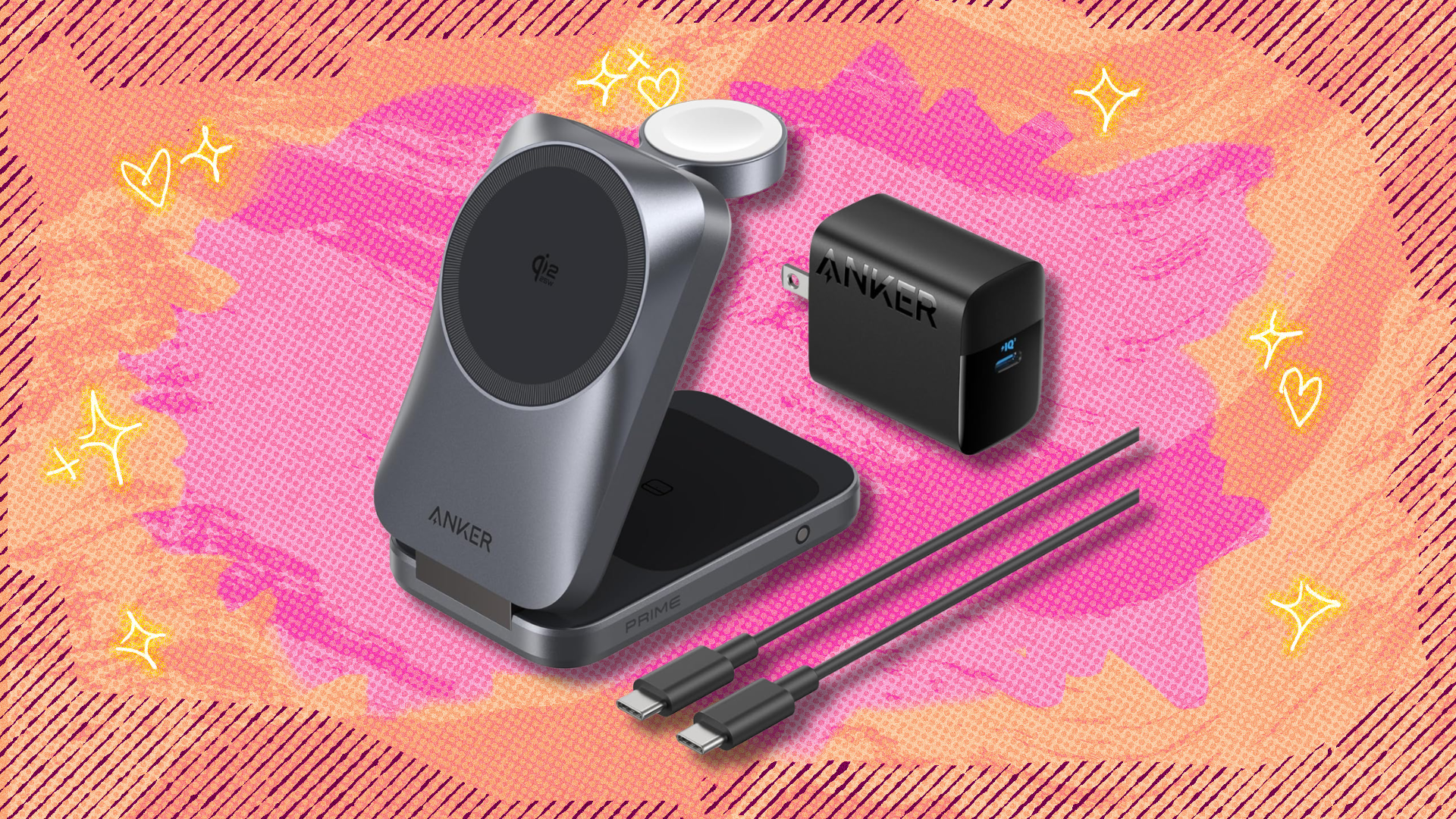 Anker Prime 3-in-1 Wireless Charging Station on orange and pink abstract background