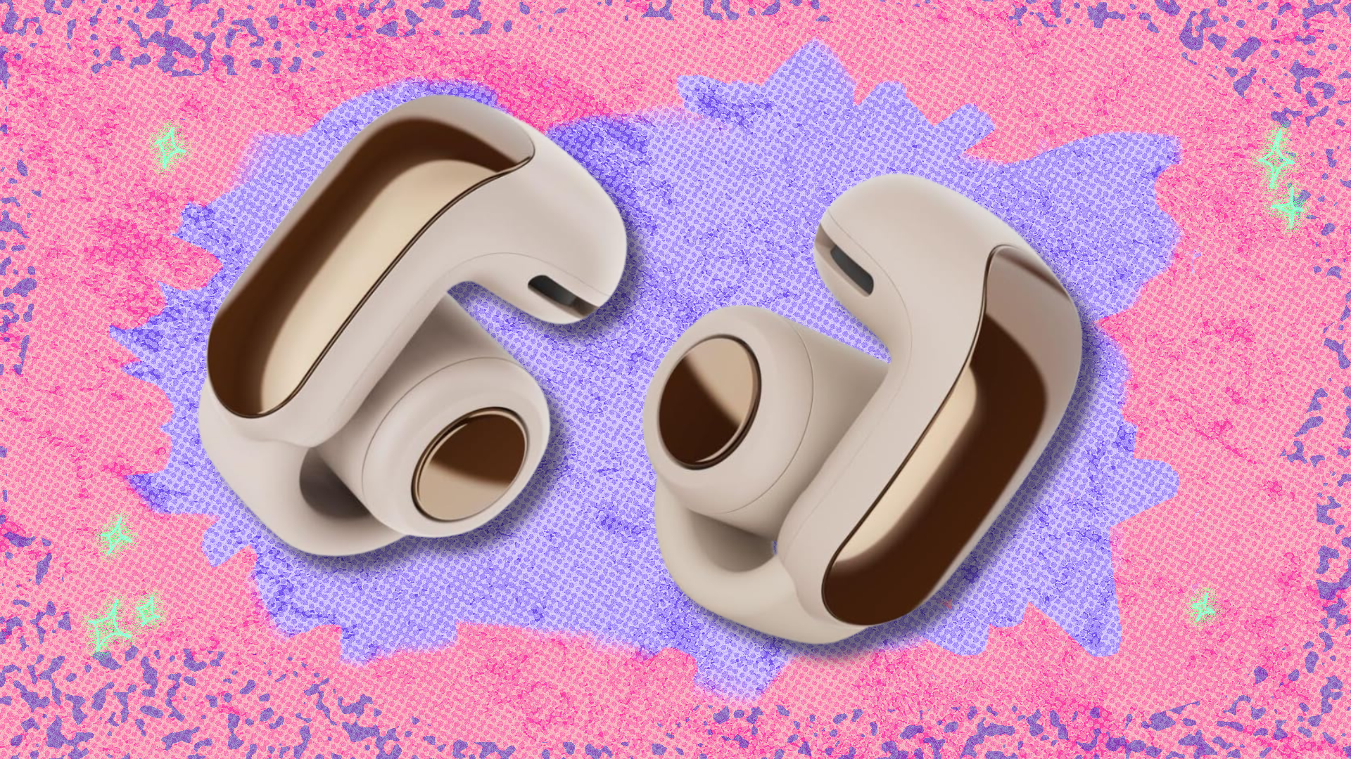 Bose Ultra Open Earbuds on pink and purple abstract background