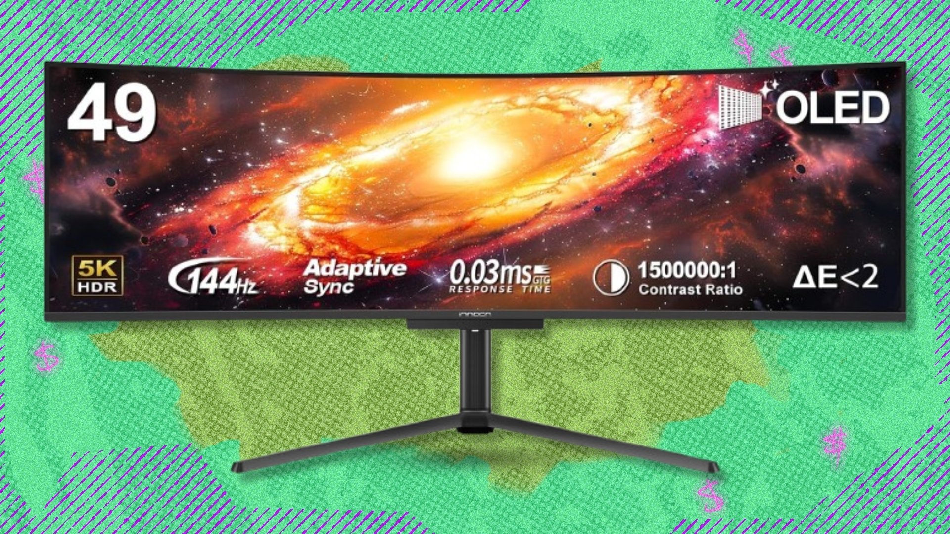 The INNOCN 49-inch OLED Ultrawide Curved Monitor on a green background