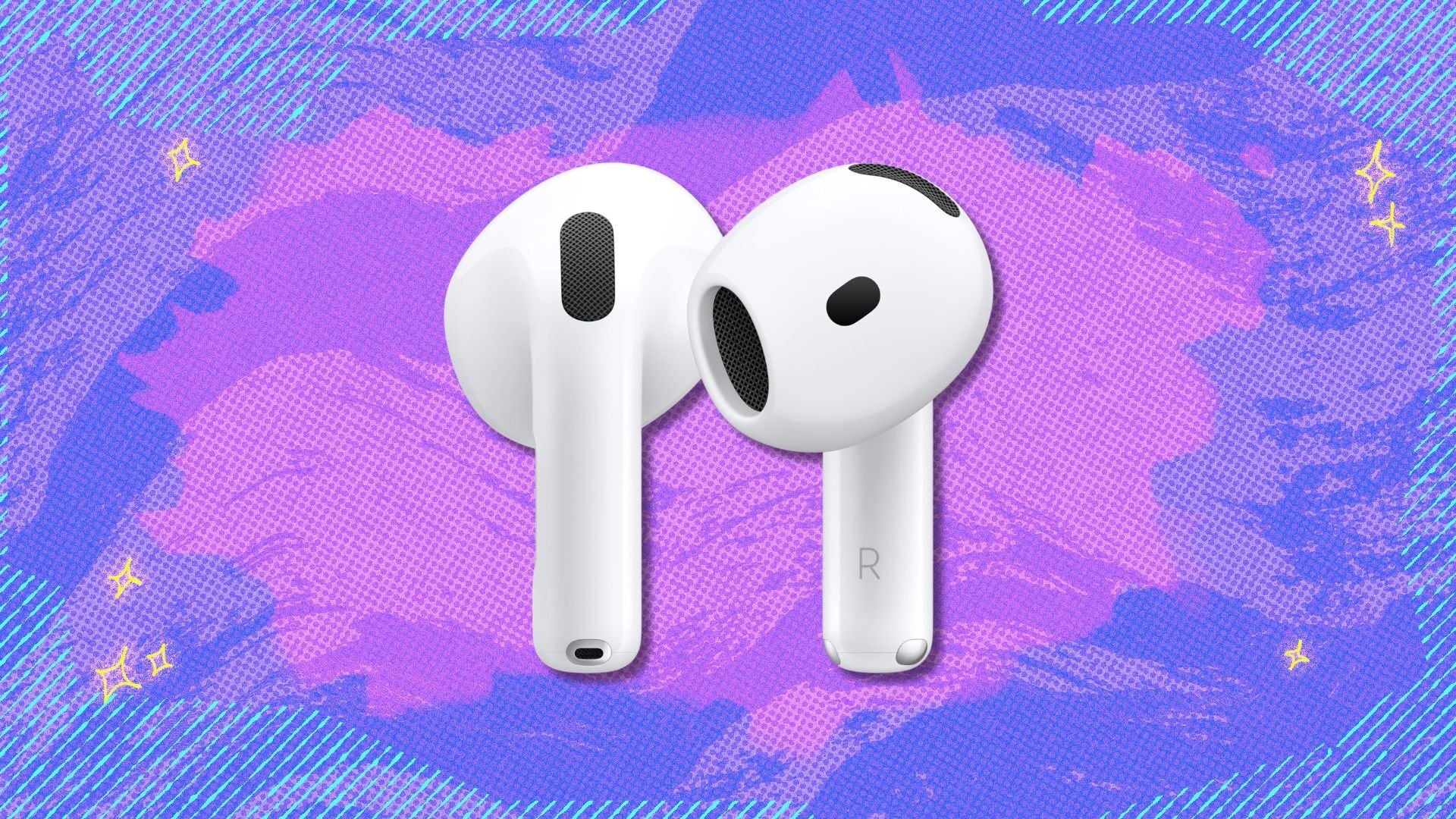 airpods 4 earbuds against a purple patterned background