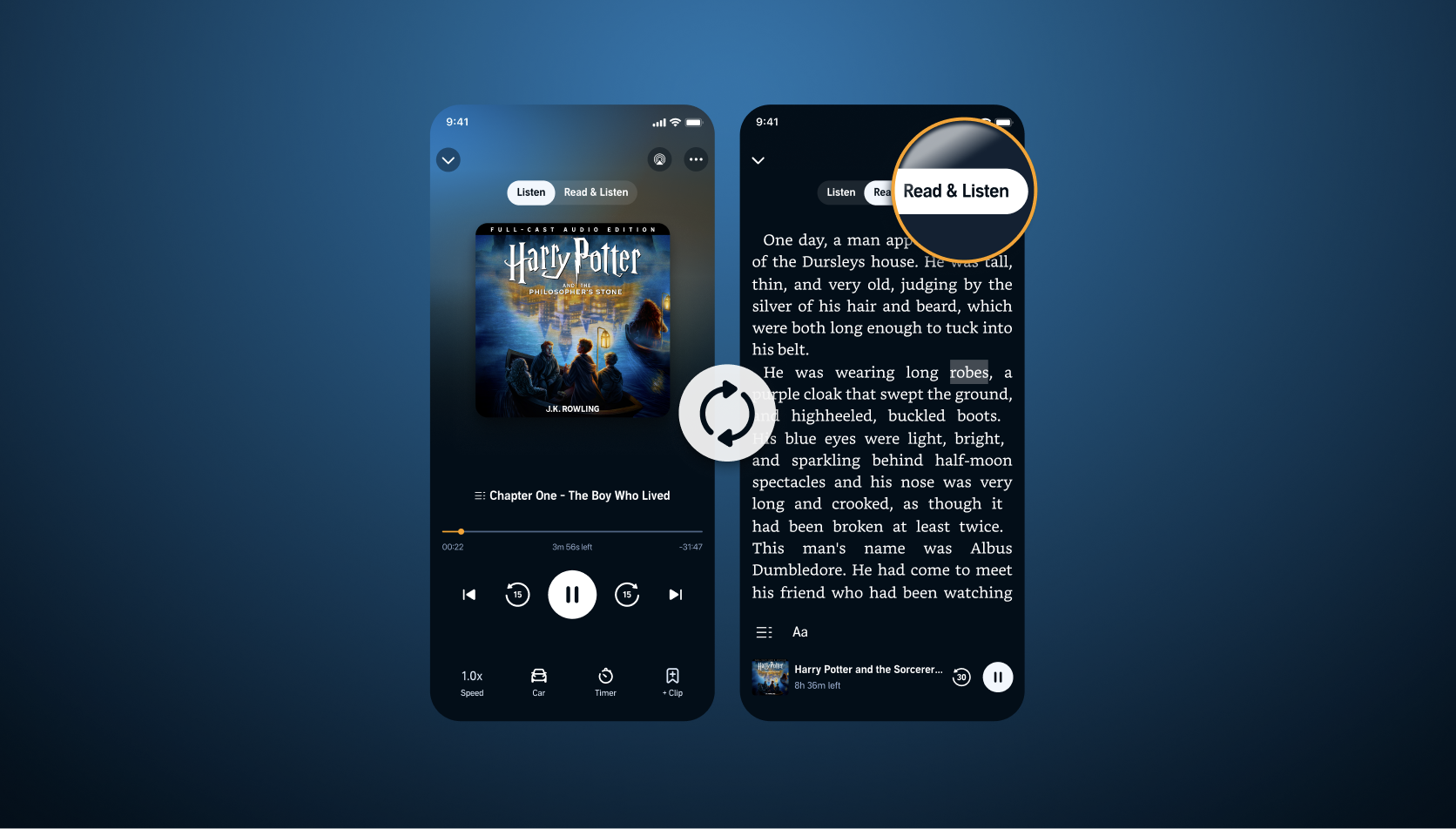 A smartphone showing the Read & Listen feature on Audible