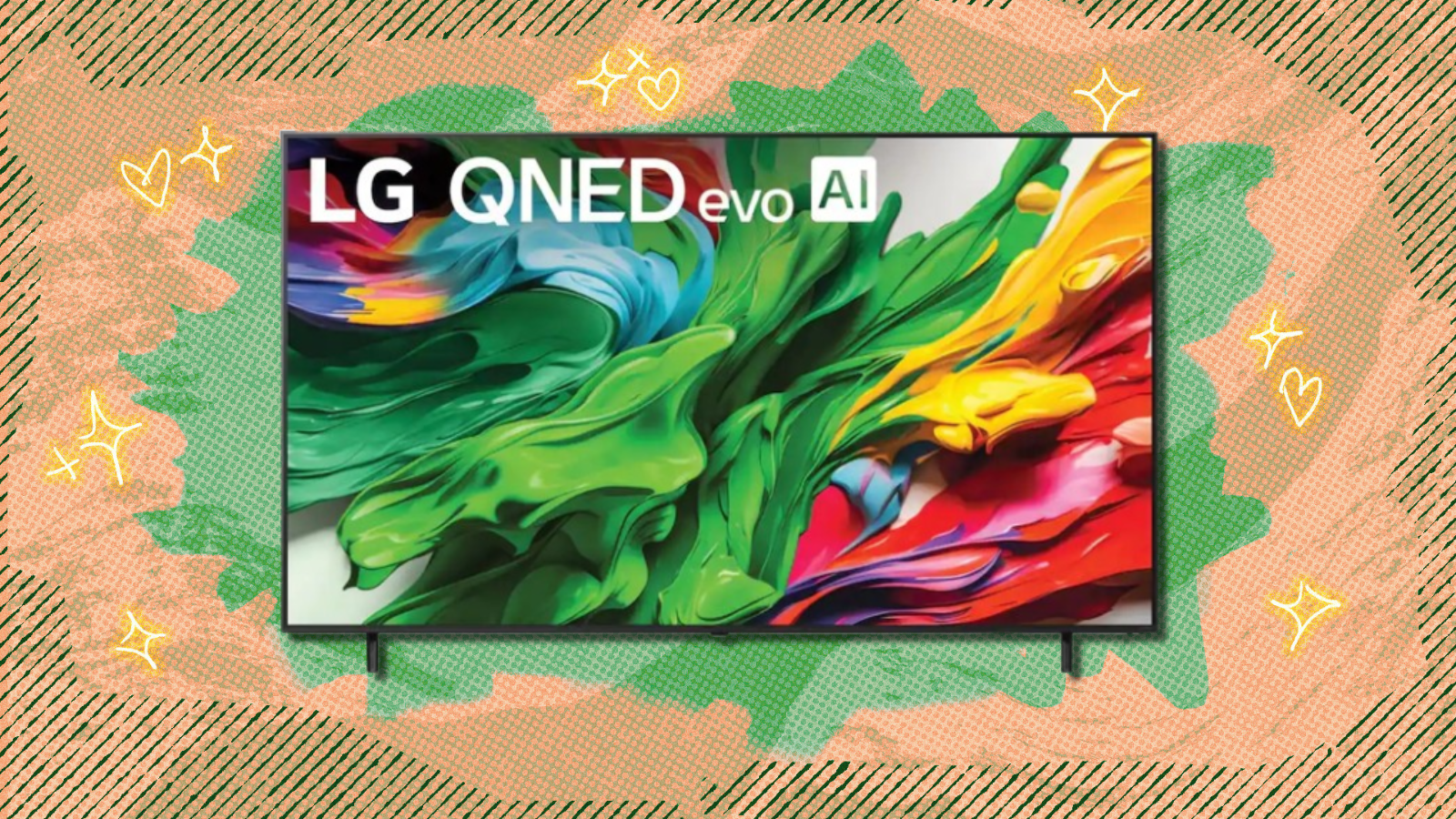 LG 85A QNED Mini-LED TV with orange and green background