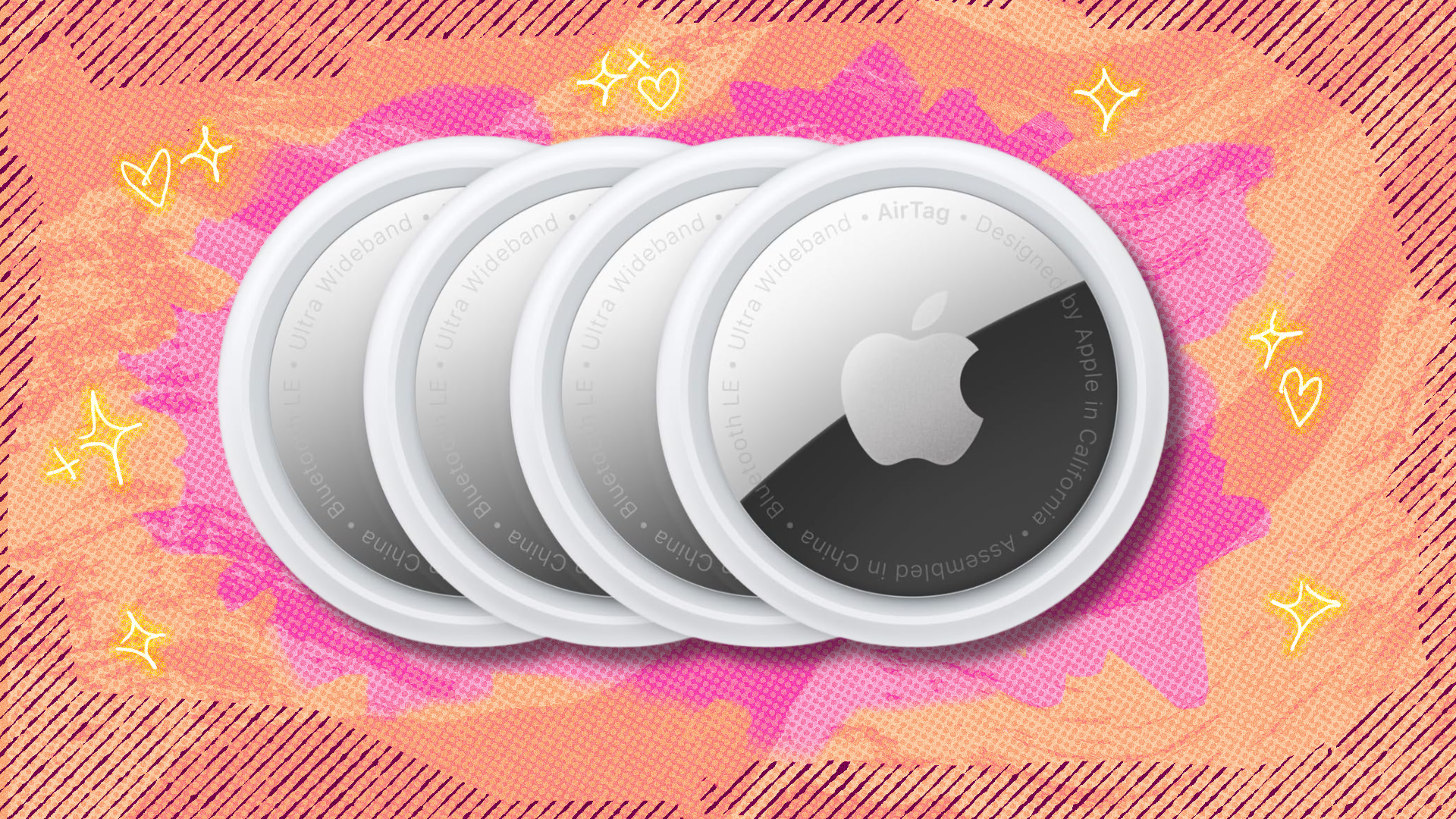 Apple AirTags on orange and pink abstract background
