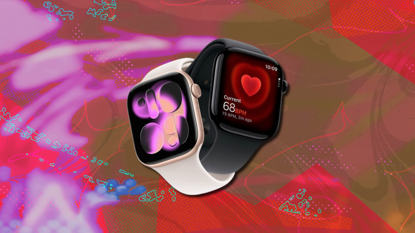 two Apple Watches in rose gold and black intertwined with abstract red and pink background
