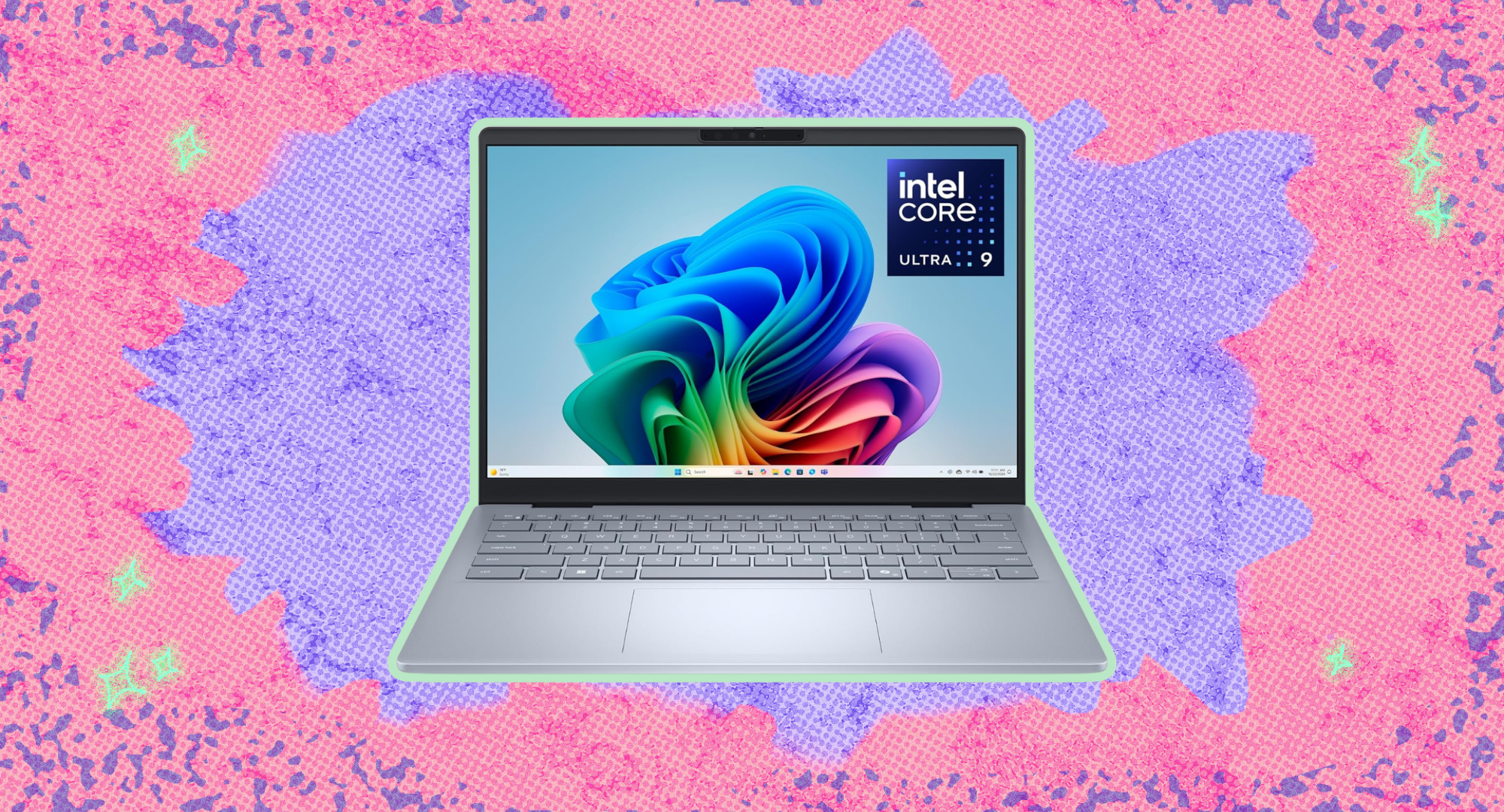 Dell 14 Plus laptop against a colorful background.