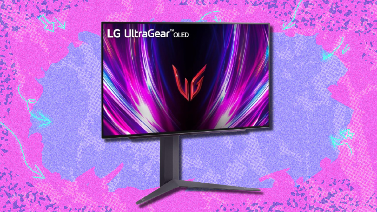 LG Ultragear OLED monitor with pink and purple background