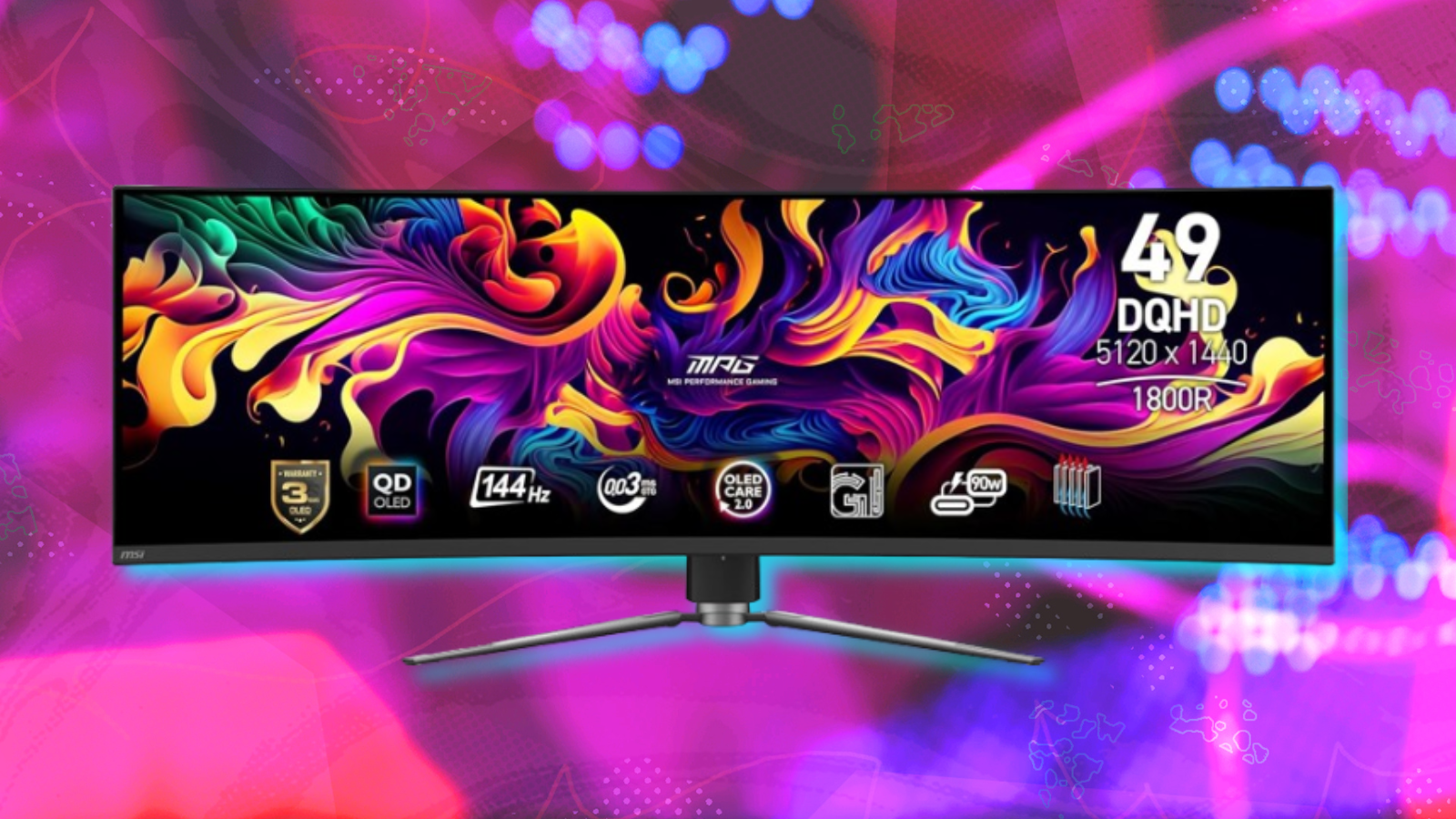 MSI MPG curved OLED gaming monitor with pink and blue background