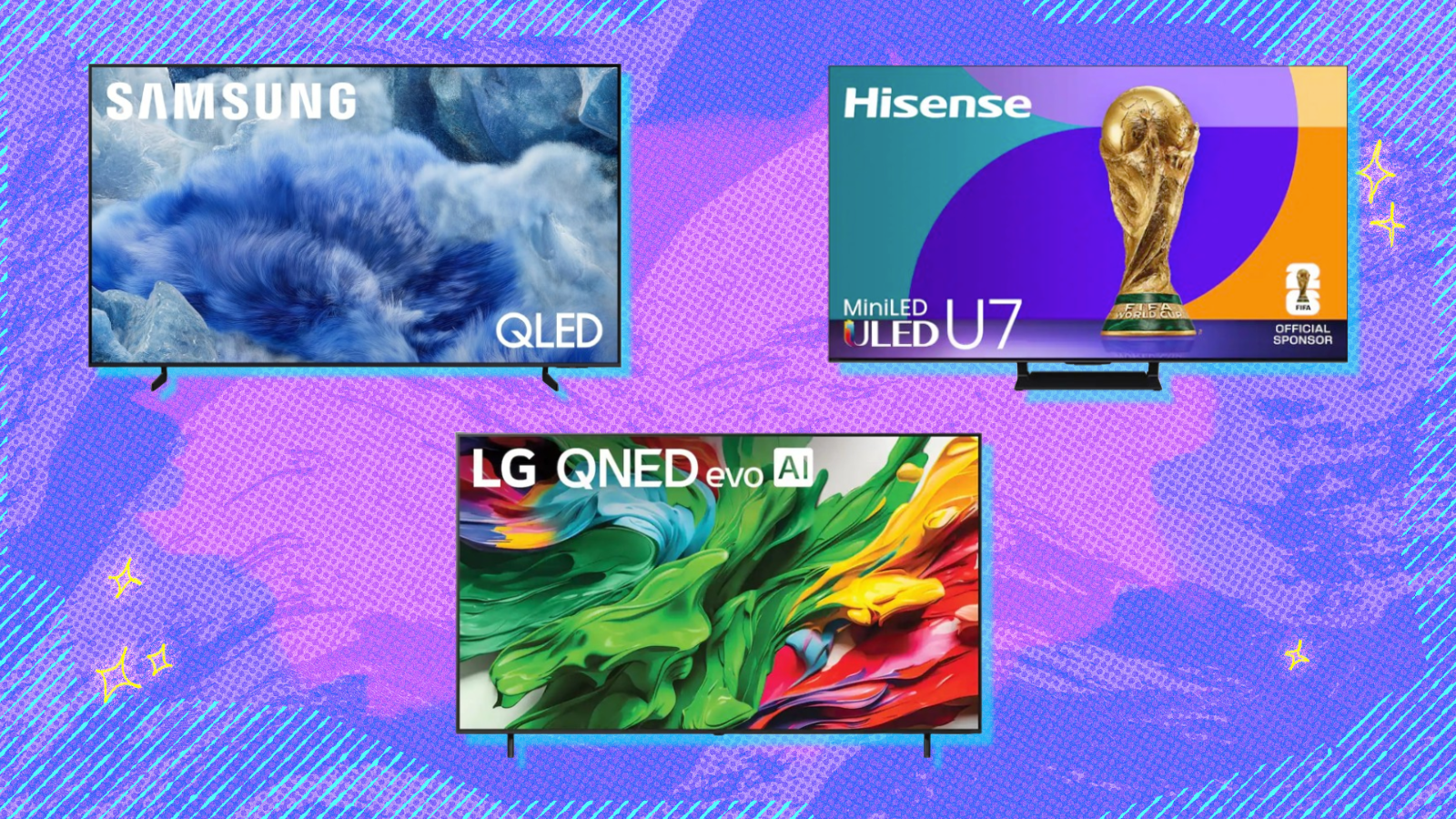 Hisense, LG, and Samsung TVs with blue and purple background