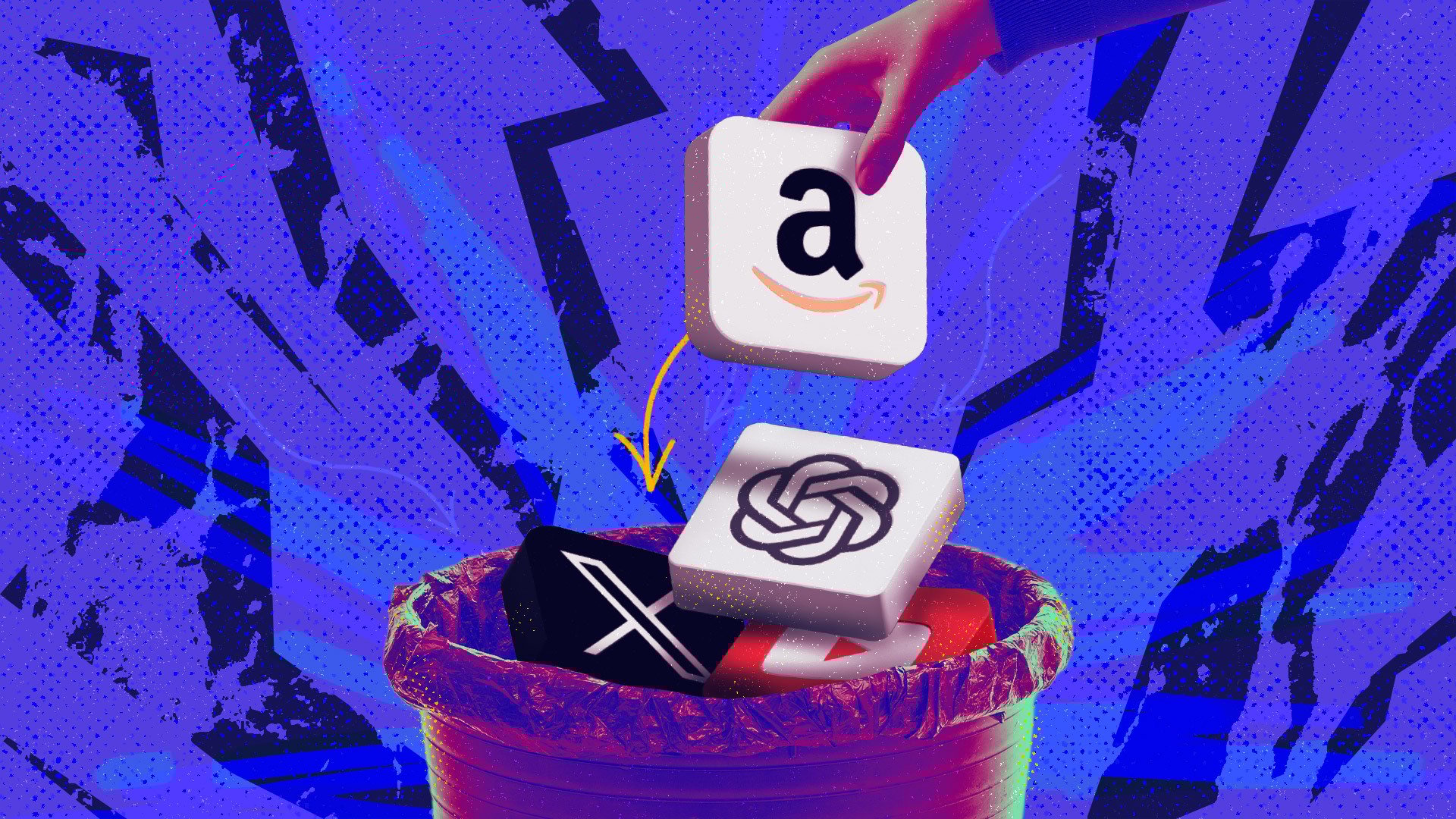 Composite image of an Amazon, OpenAI, and X logo being put in the trash.