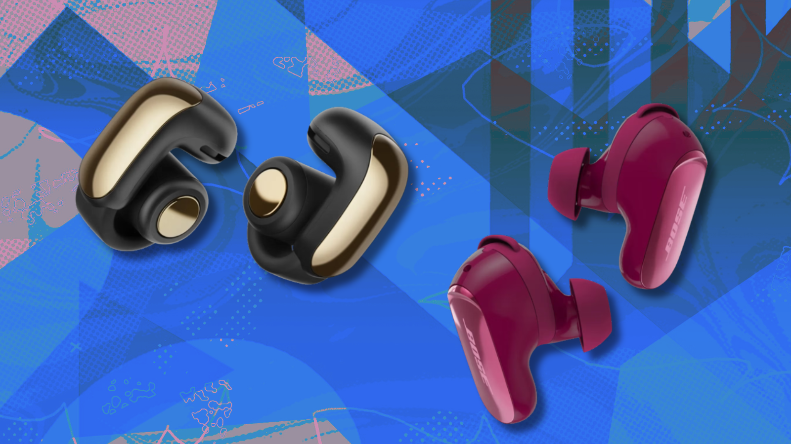 Bose Ultra Open earbuds and QuietComfort earbuds with blue background